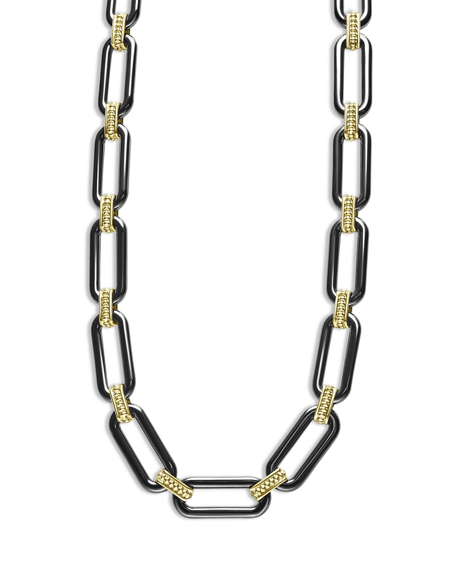 18K Yellow Gold Signature Caviar Black Ceramic Link Necklace, 18'