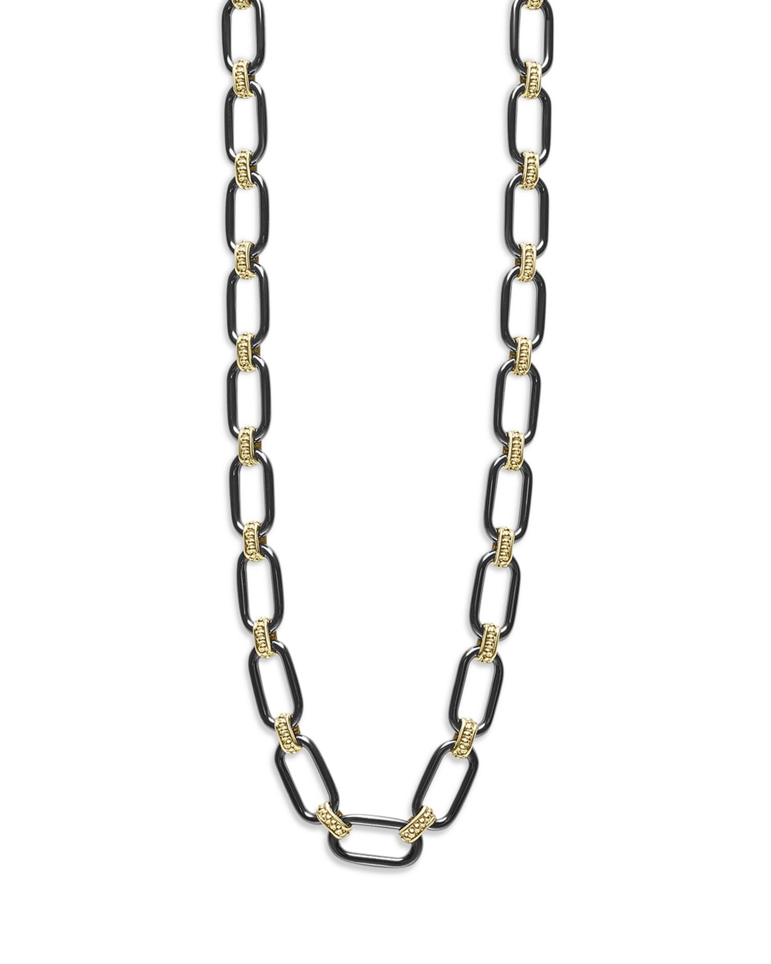 18K Yellow Gold Signature Caviar Black Ceramic Link Necklace, 16-18'