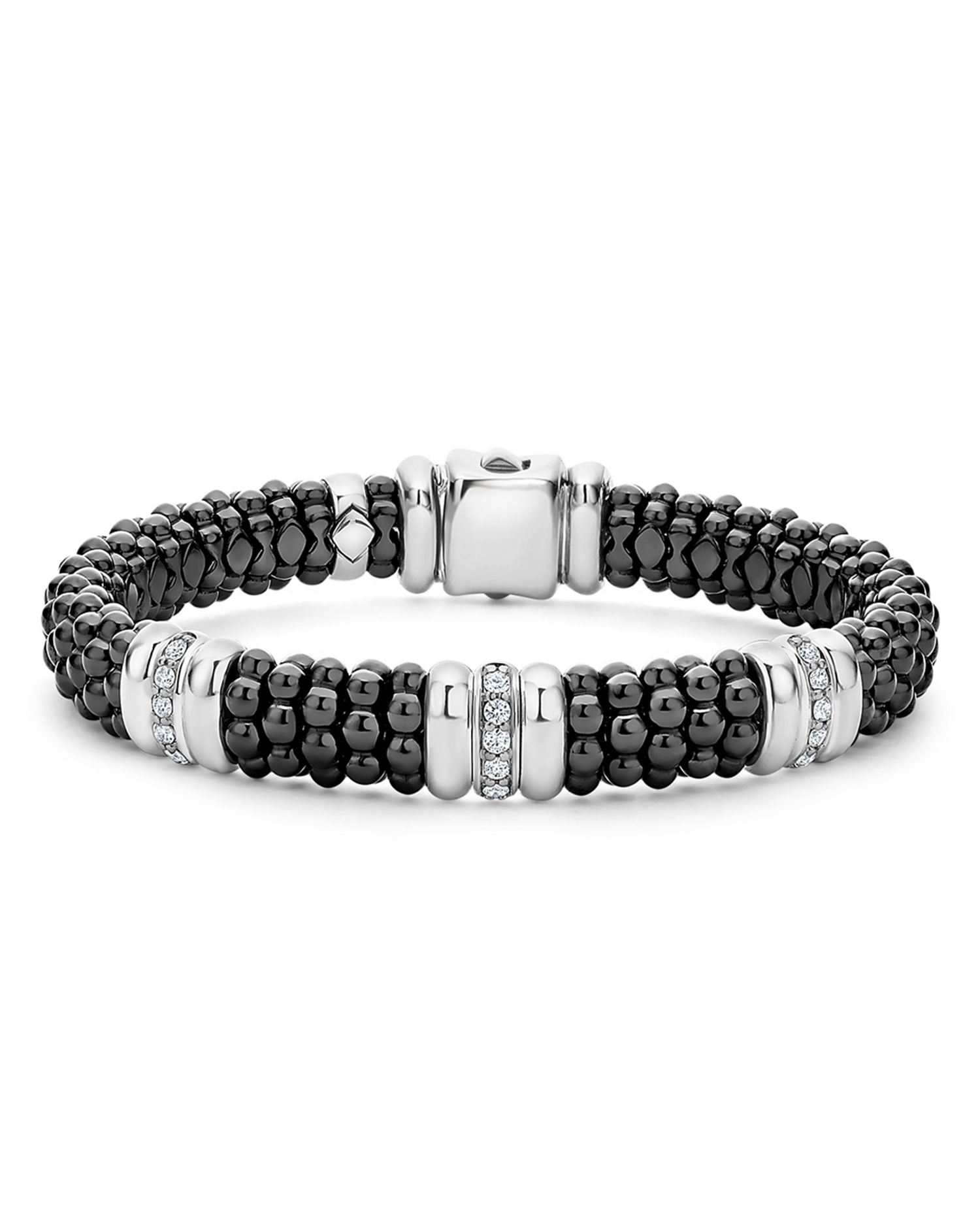 Sterling Silver Black Caviar Black Ceramic & Diamond Rondelle Beaded Bracelet