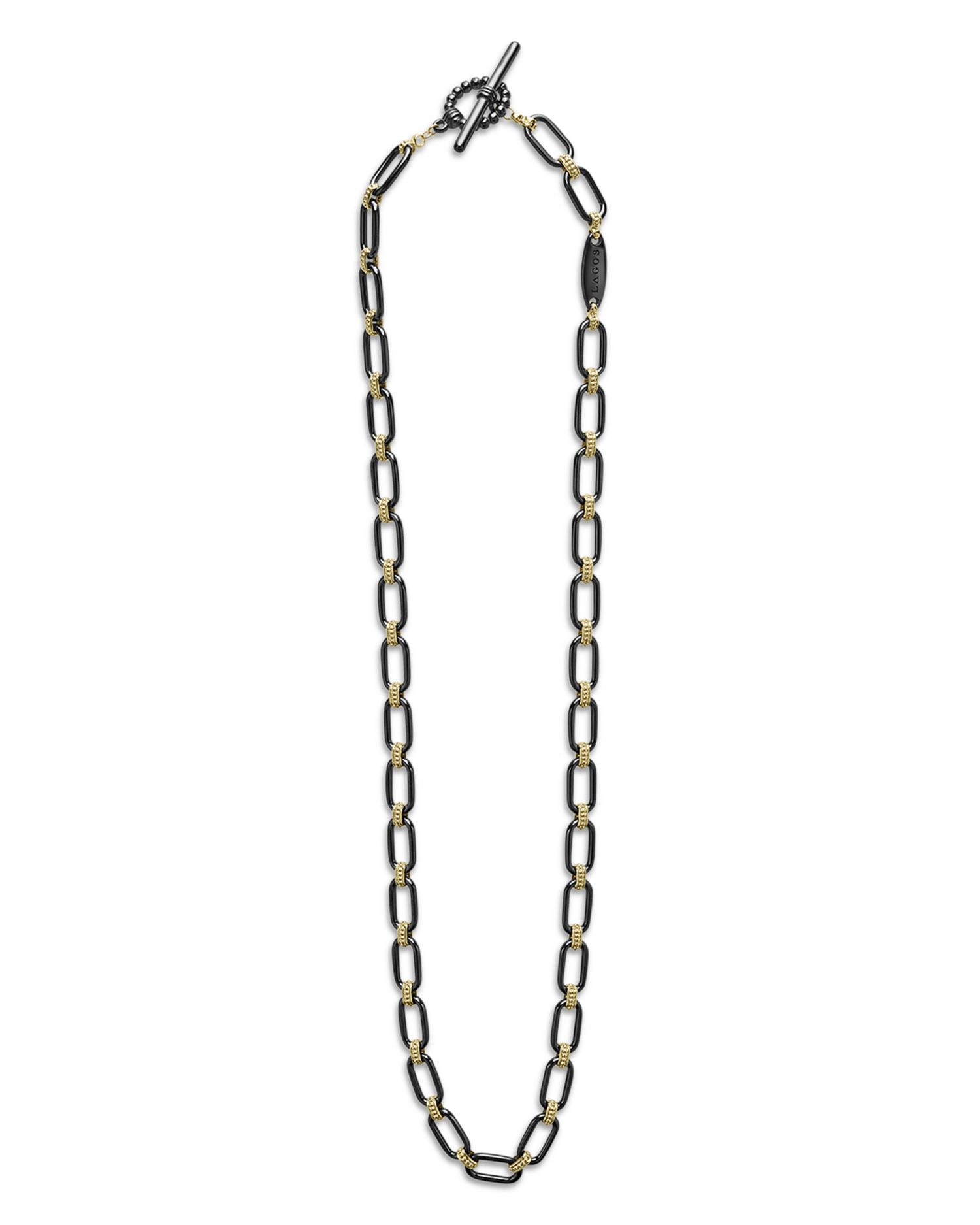 18K Yellow Gold Signature Caviar Black Ceramic Link Necklace, 16-18'