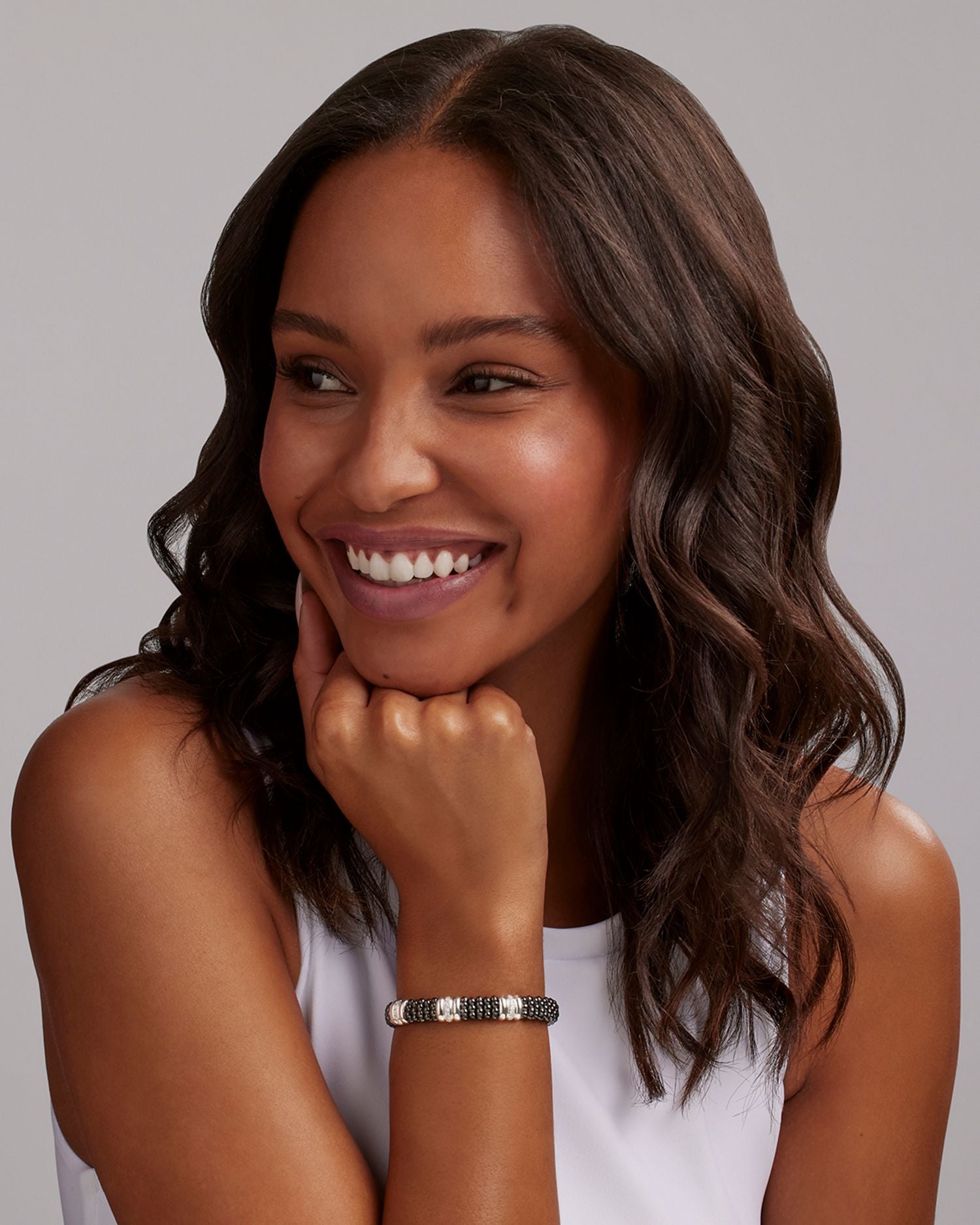 Sterling Silver Black Caviar Black Ceramic & Diamond Rondelle Beaded Bracelet