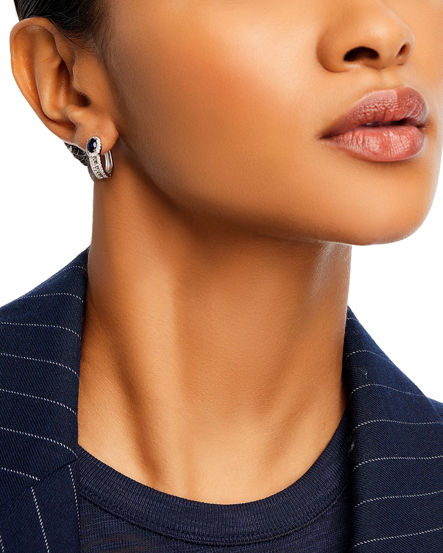 Precious Stone & Diamond Halo Hoop Earring in 14K White Gold