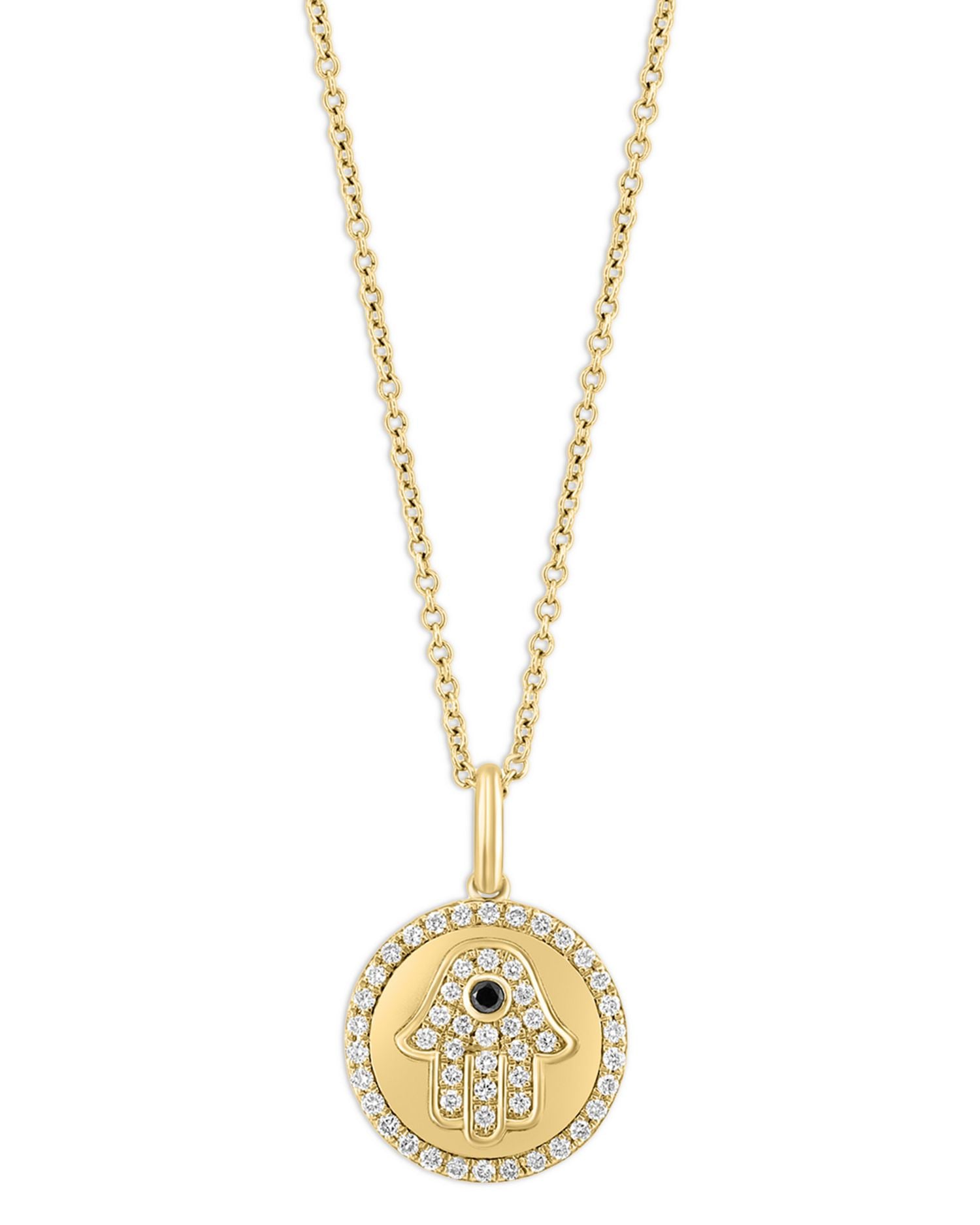 Black & White Diamond Hamsa Hand Pendant Necklace in 14K Yellow Gold, 18'