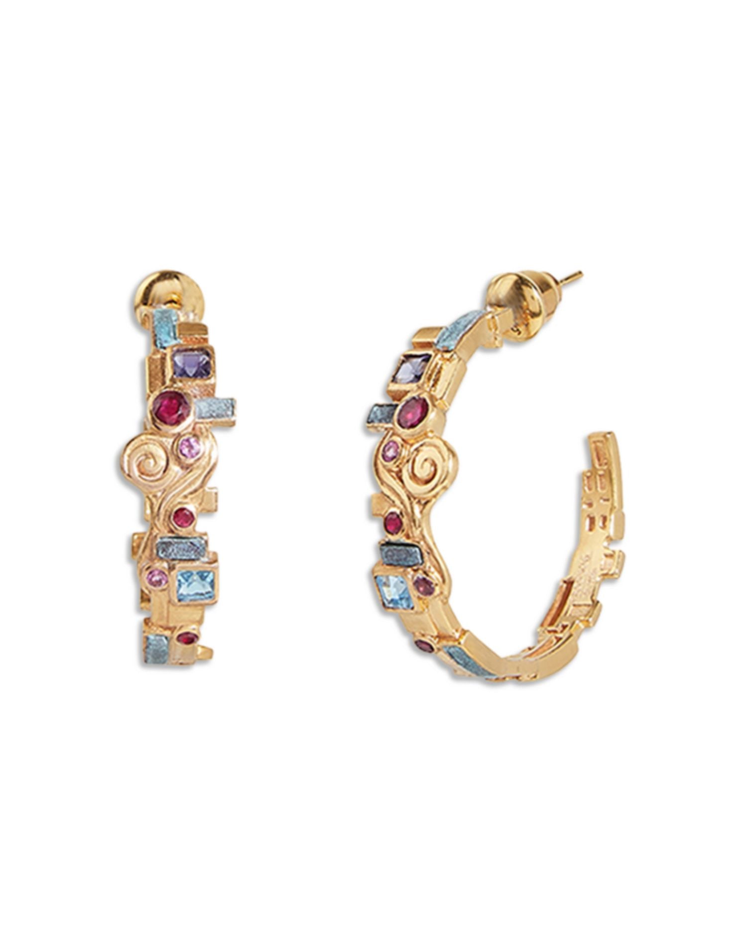 22K & 18K Yellow Gold Embrace Multi Gemstone Klimt Medium Hoop Earrings