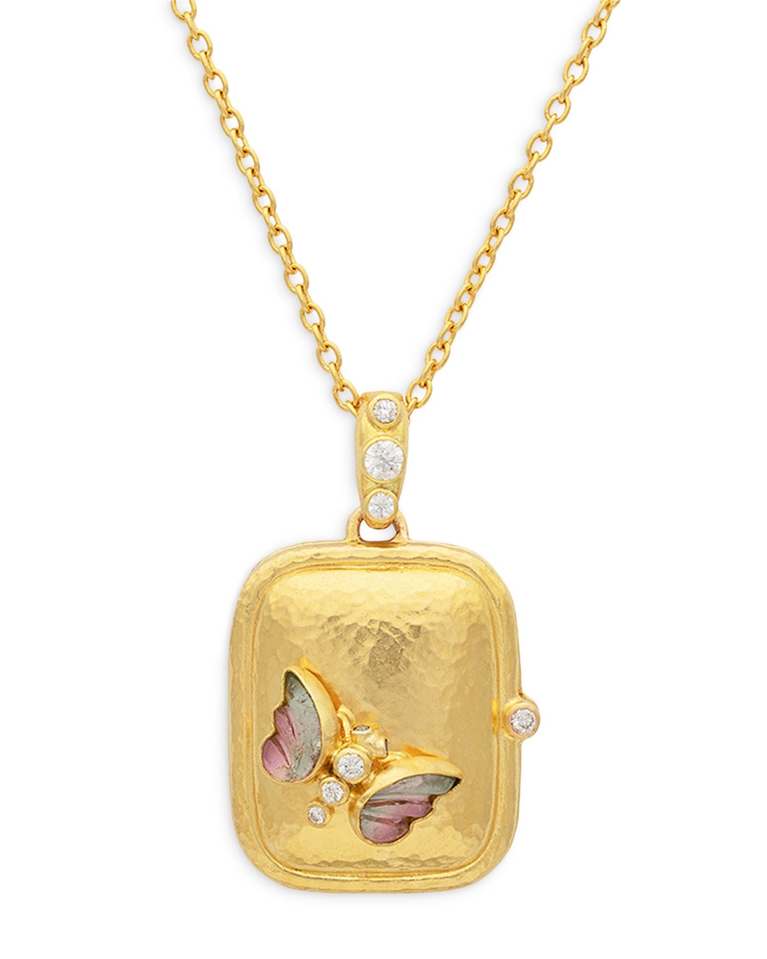 18 & 24K Yellow Gold Locket Watermelon Tourmaline & Diamond Butterfly Locket Pendant Necklace, 16-18'