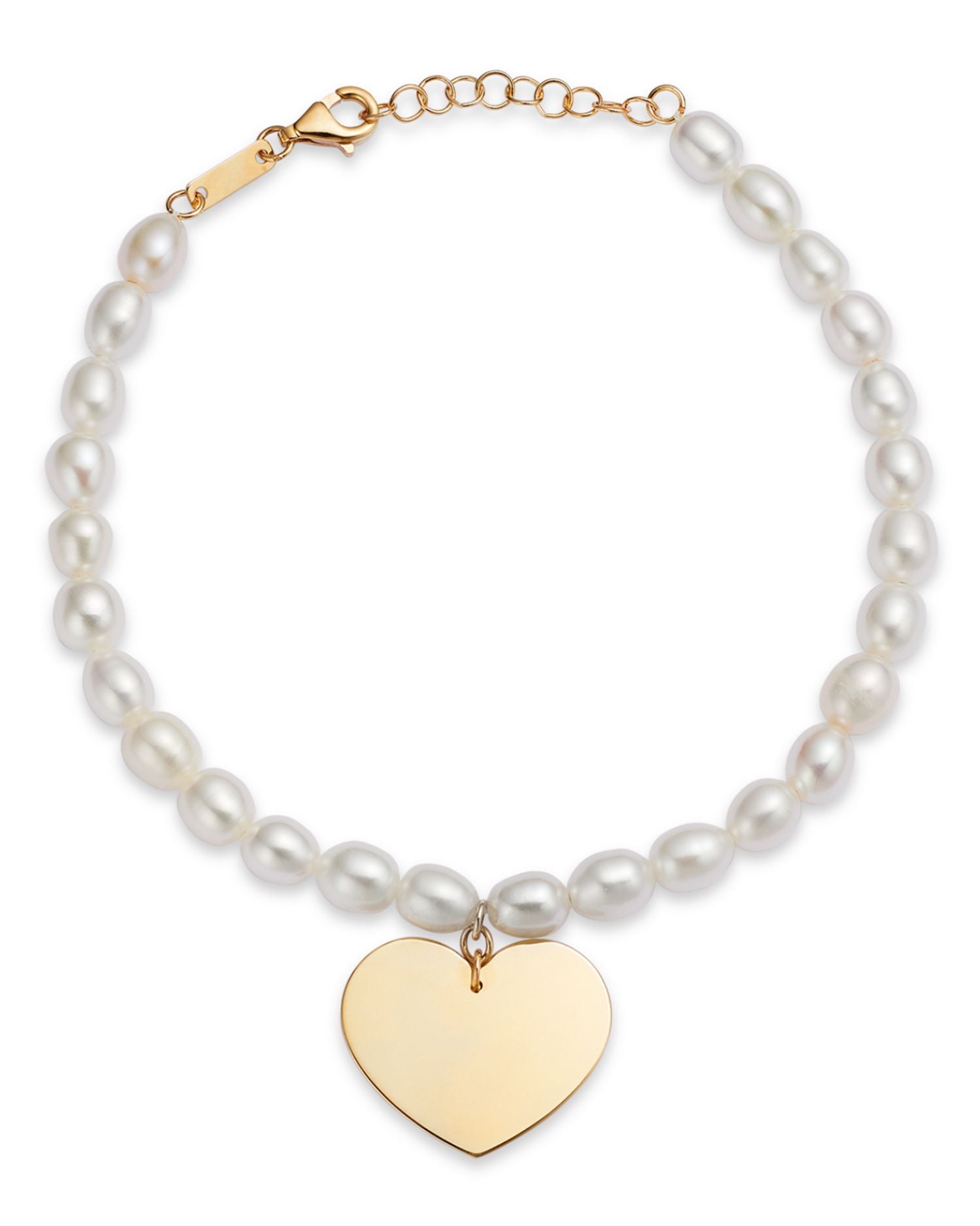 Cultured Freshwater Pearl Heart Charm Bracelet in 14K Yellow Gold