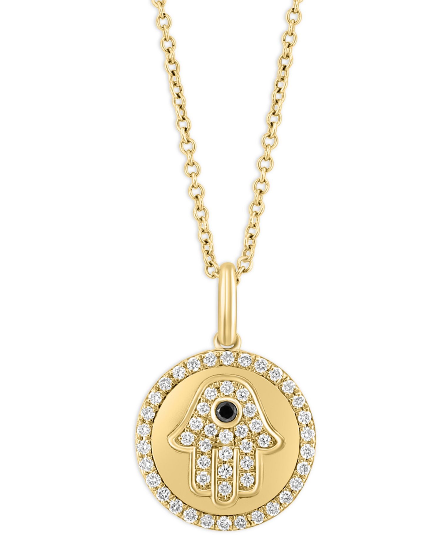 Black & White Diamond Hamsa Hand Pendant Necklace in 14K Yellow Gold, 18'