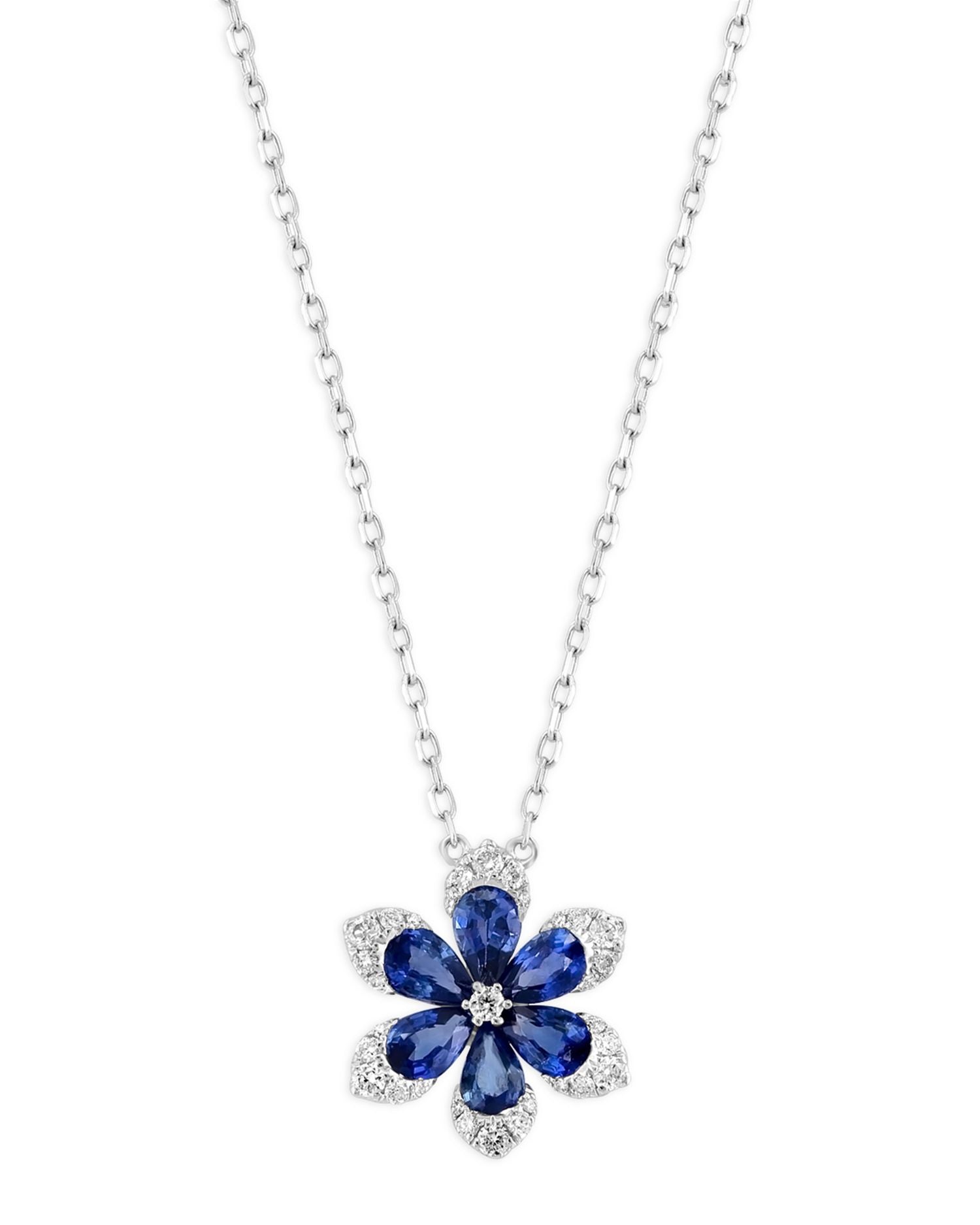 Blue Sapphire & Diamond Flower Pendant Necklace in 14K White Gold, 18'