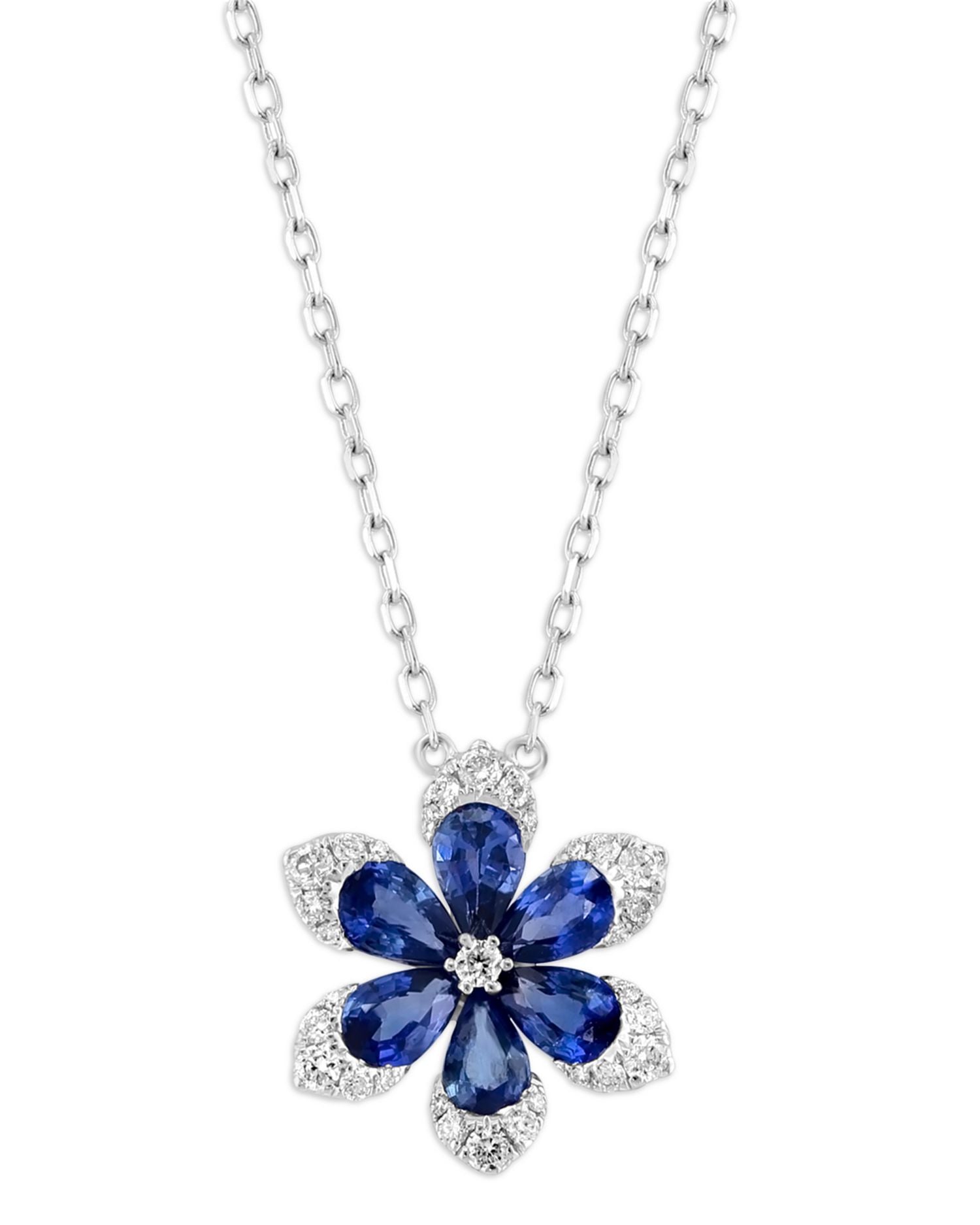 Blue Sapphire & Diamond Flower Pendant Necklace in 14K White Gold, 18'