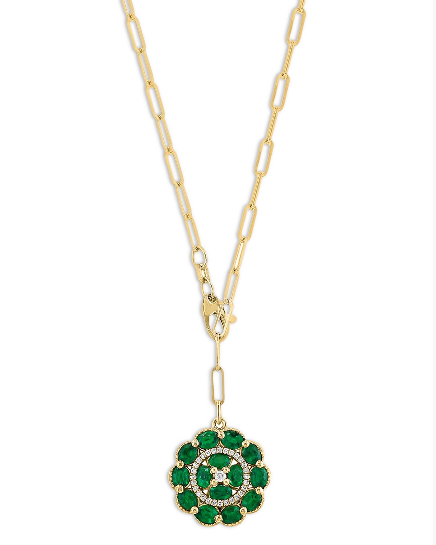 Emerald & Diamond Medallion Pendant Necklace in 14K Yellow Gold, 18'