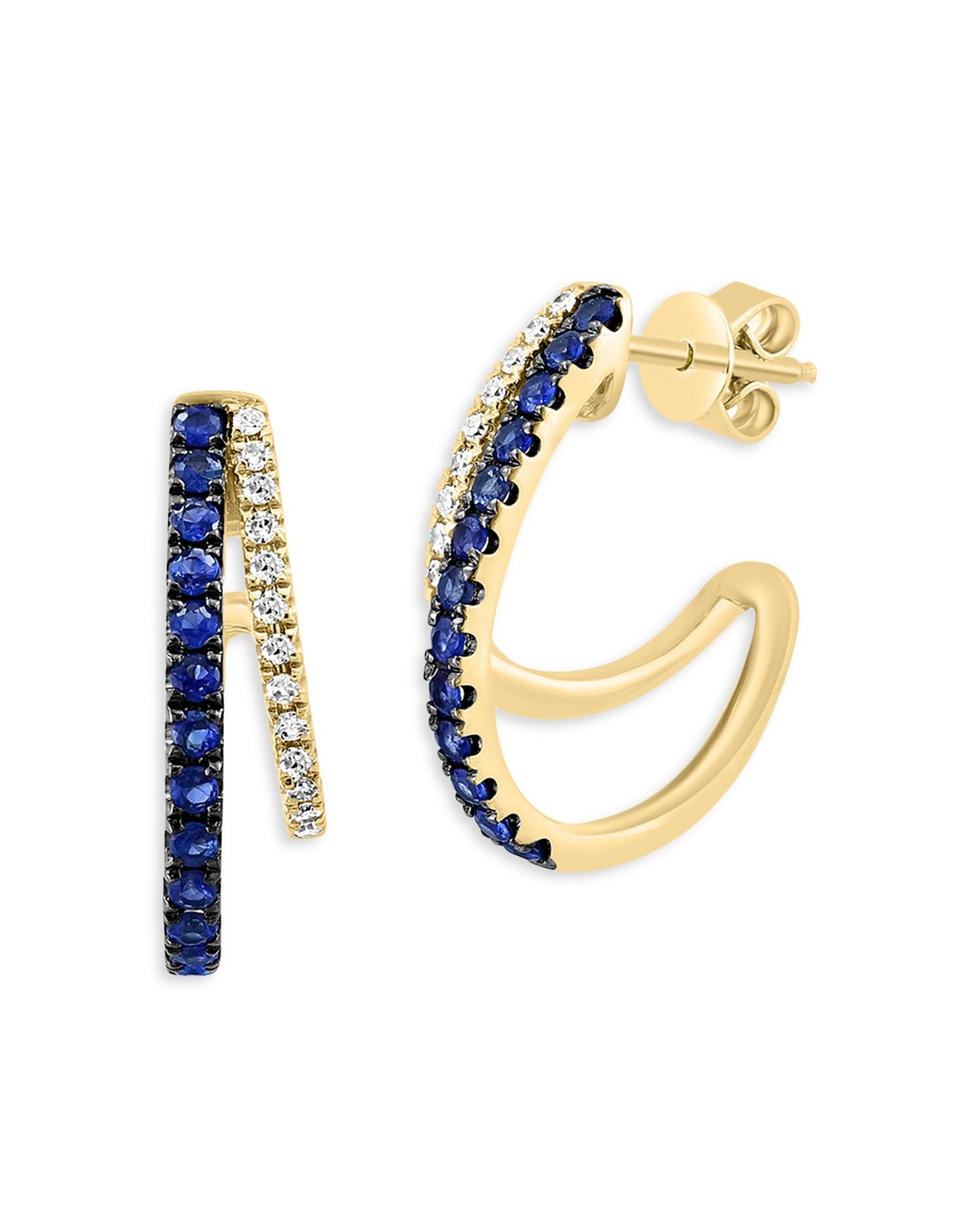 Sapphire & Diamond J Hoop Earrings in 14K Yellow Gold