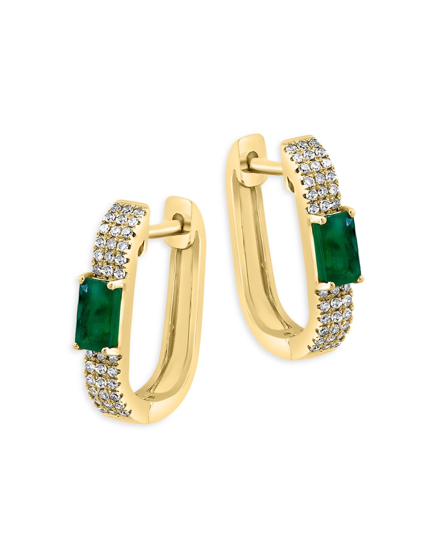 Emerald & Diamond Oval Hoop Earrings in 14K Yellow Gold