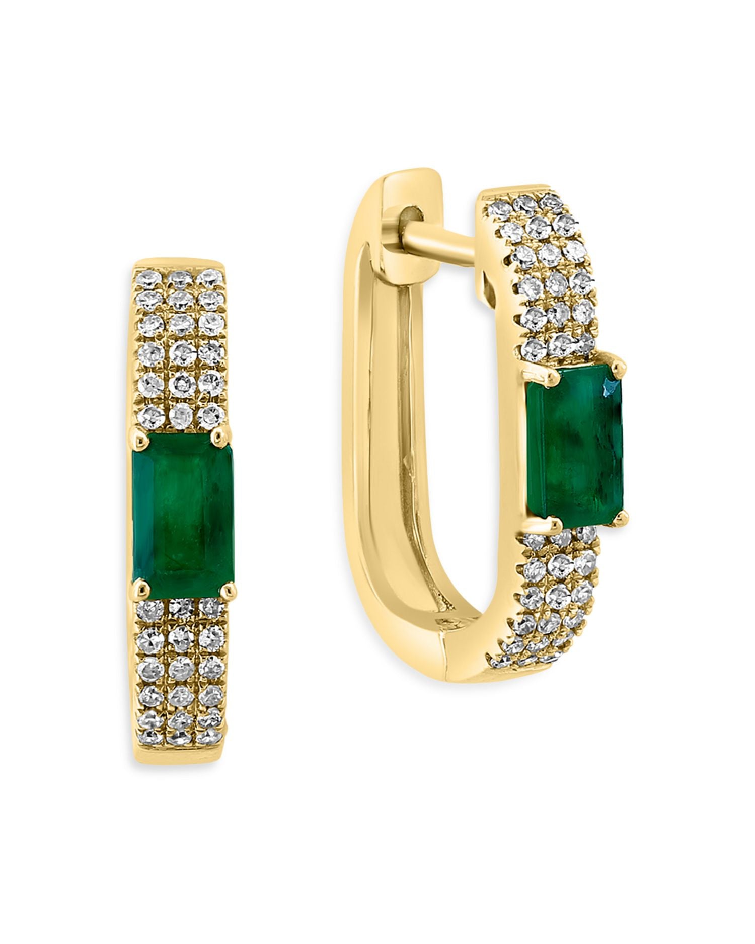 Emerald & Diamond Oval Hoop Earrings in 14K Yellow Gold
