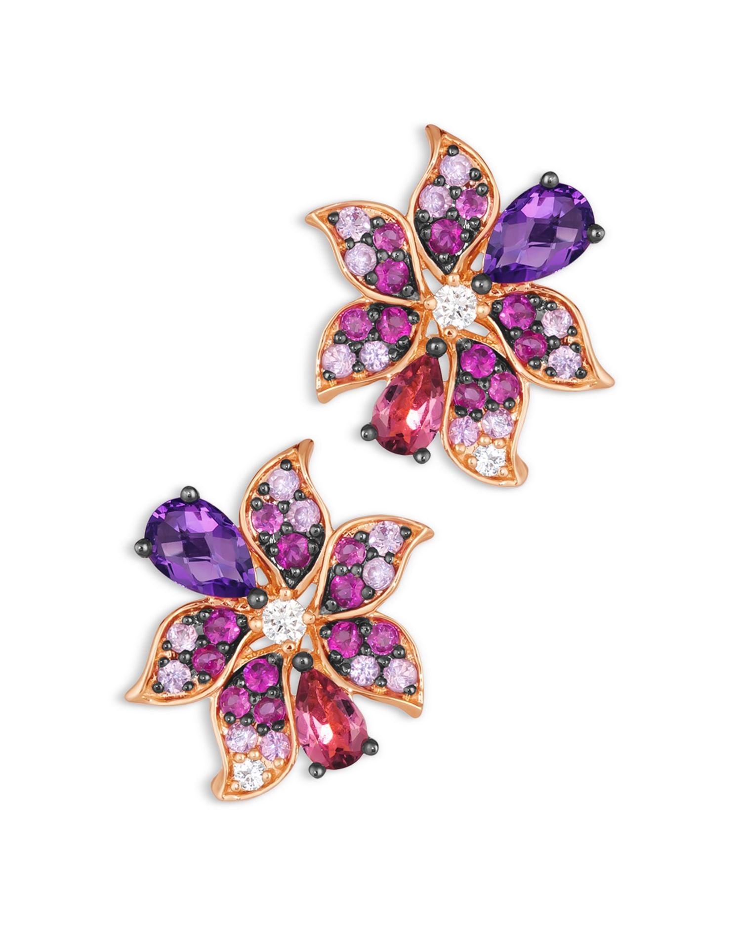 Multi-Gemstone & Diamond Flower Statement Earrings in 14K Rose Gold
