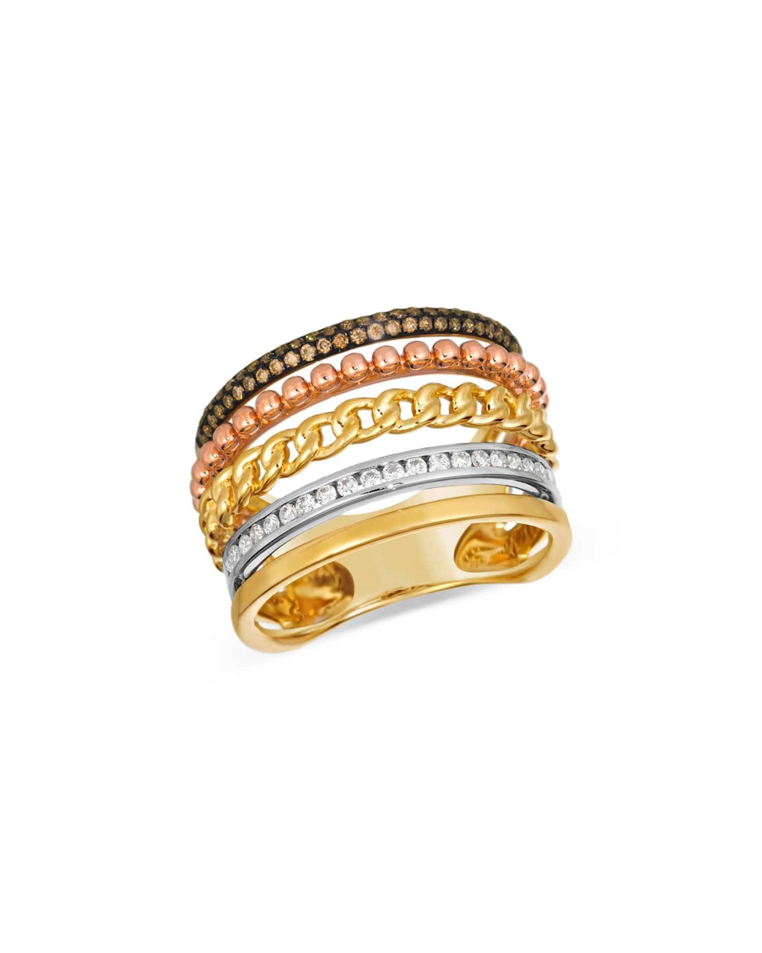 Brown & White Diamond Multi-Row Ring in 14K Yellow, White & Rose Gold
