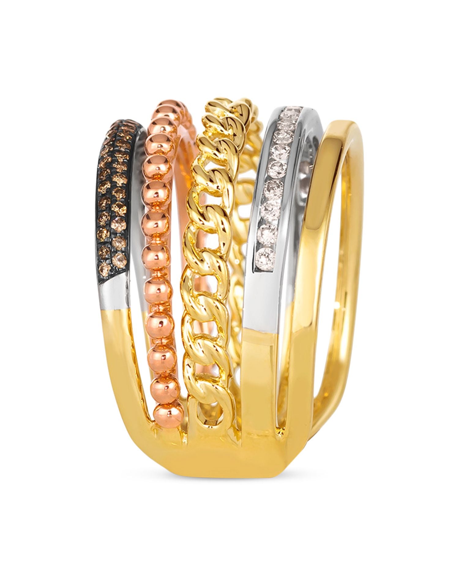 Brown & White Diamond Multi-Row Ring in 14K Yellow, White & Rose Gold