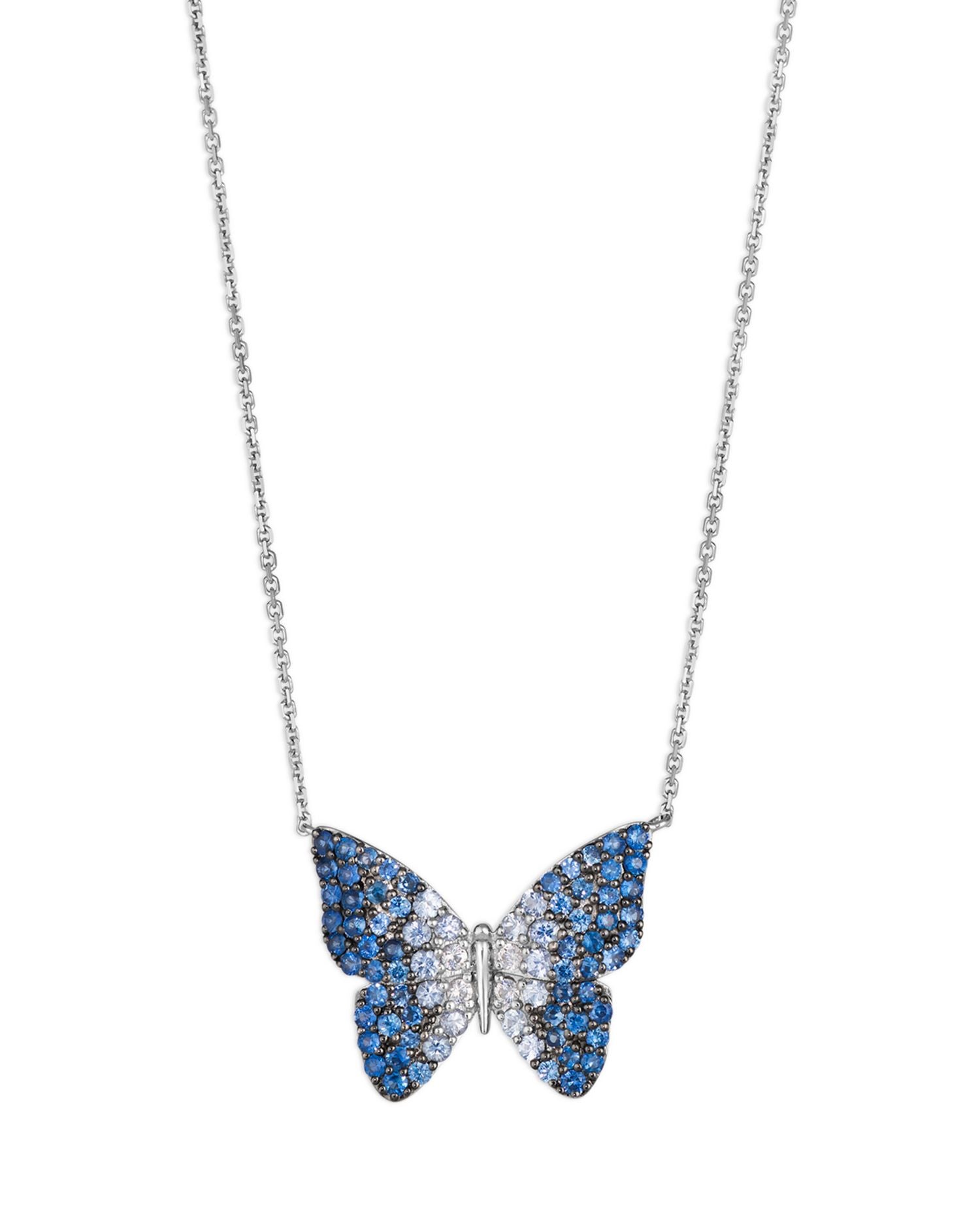 Blue & White Sapphire Butterfly Pendant Necklace in 14K White Gold, 18'