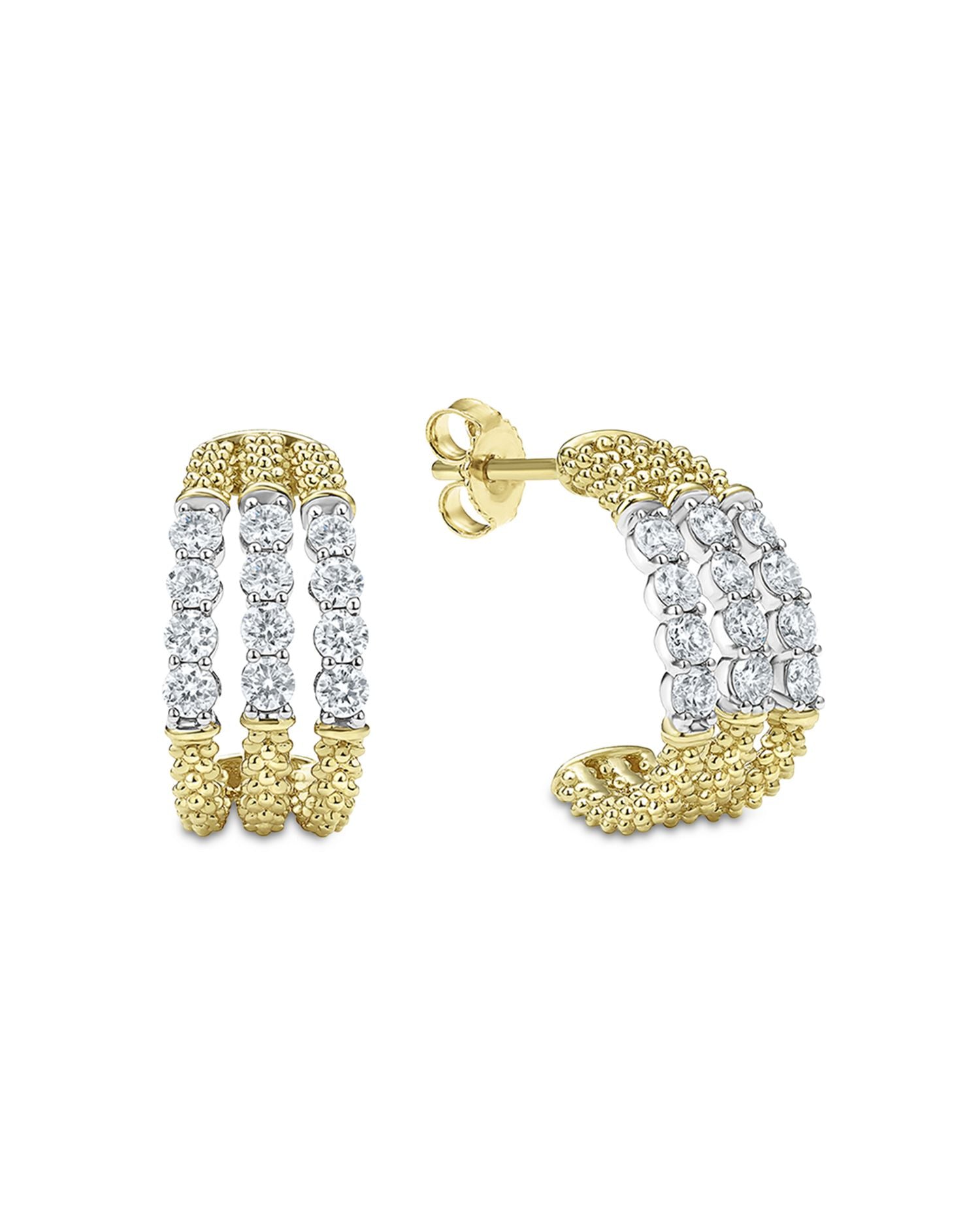 18K White & Yellow Gold Signature Caviar Diamond Triple Row Hoop Earrings