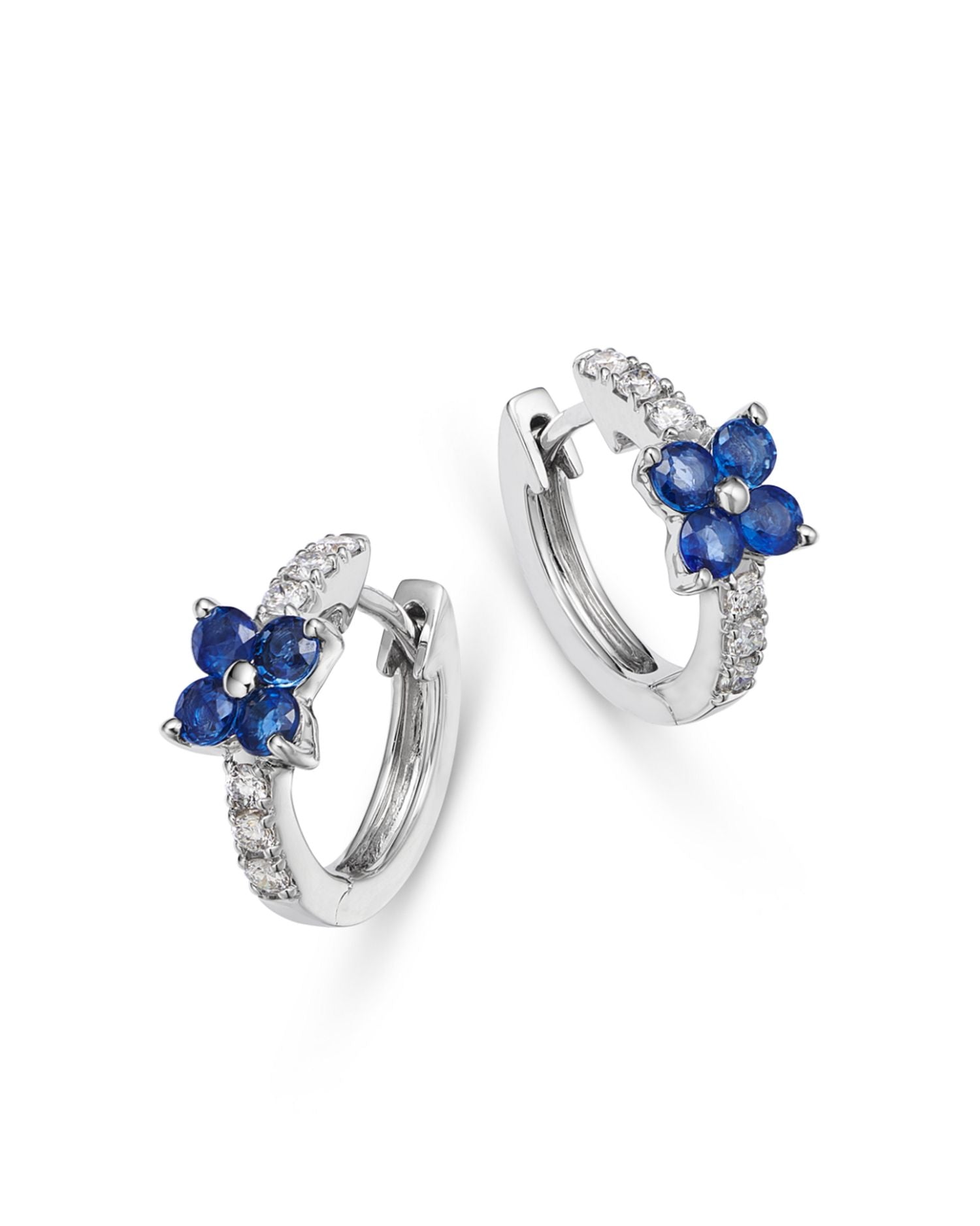 Blue Sapphire & Diamond Flower Huggie Hoop Earrings in 14K White Gold