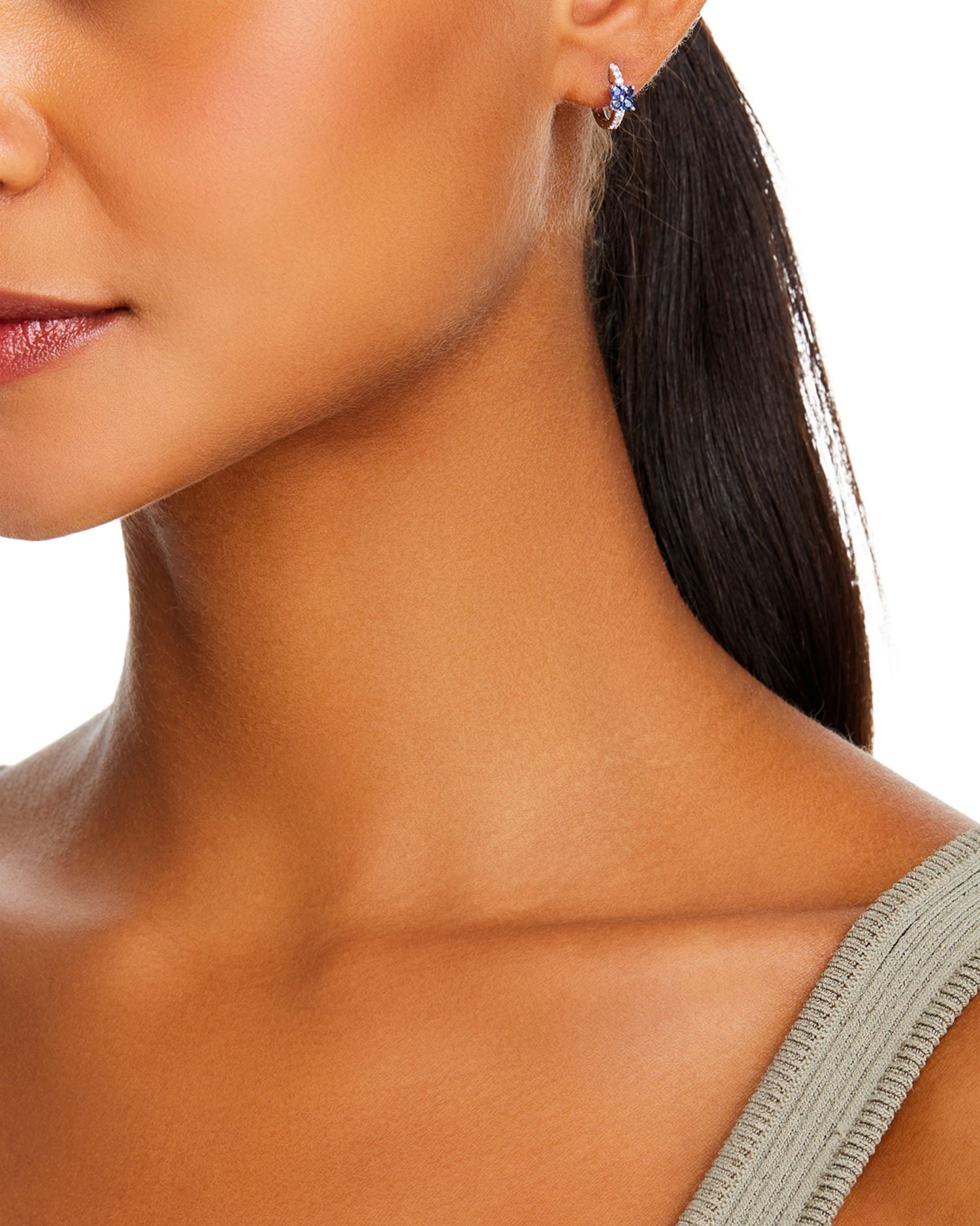 Blue Sapphire & Diamond Flower Huggie Hoop Earrings in 14K White Gold