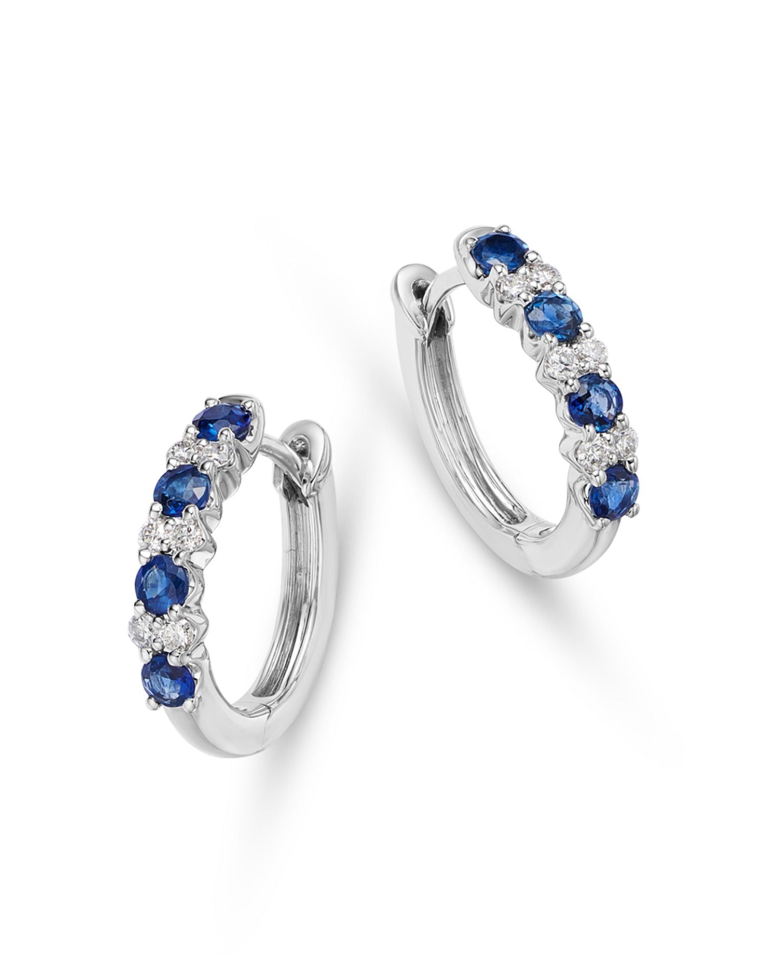 Blue Sapphire & Diamond Huggie Hoop Earrings in 14K White Gold