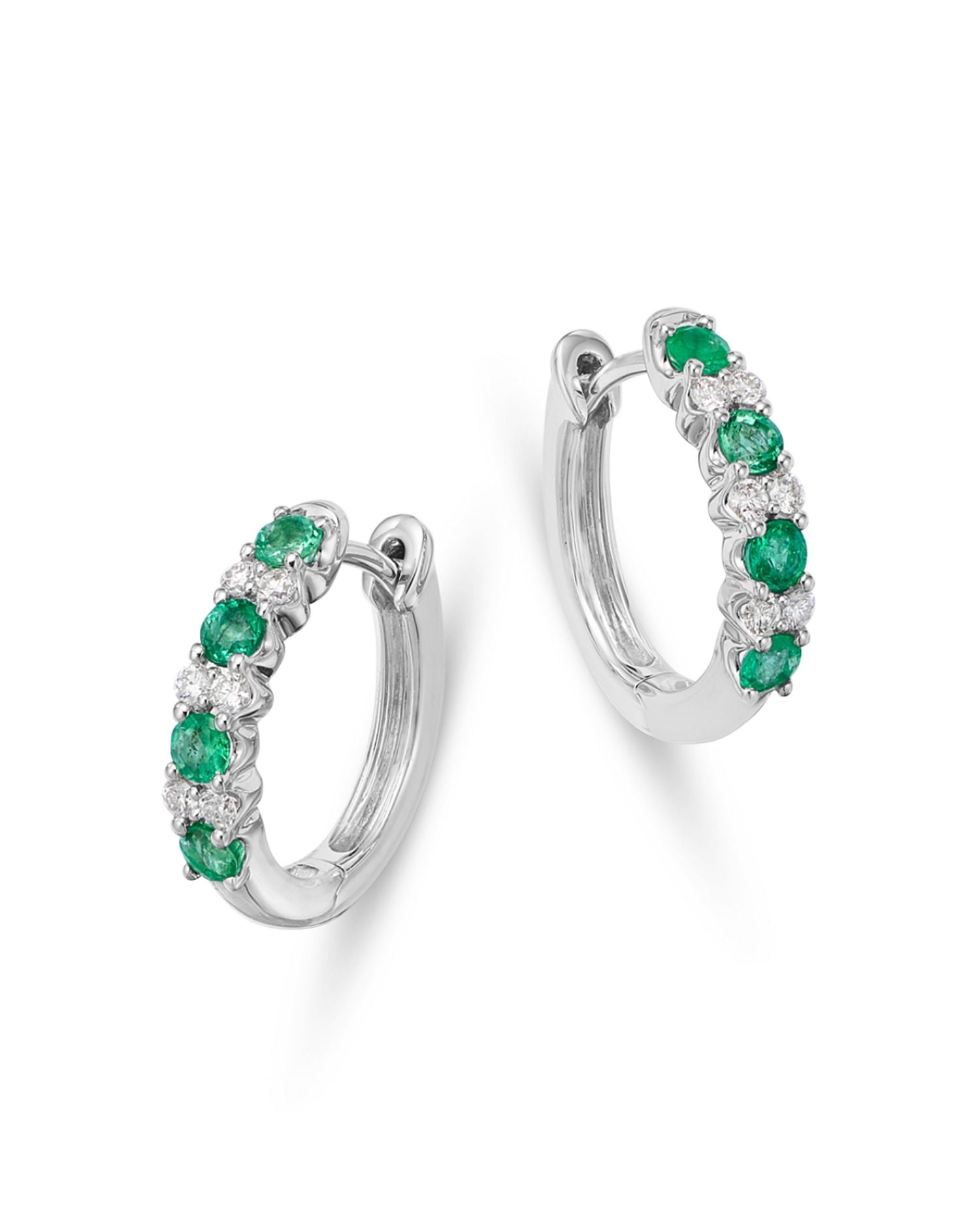 Emerald & Diamond Huggie Hoop Earrings in 14K White Gold