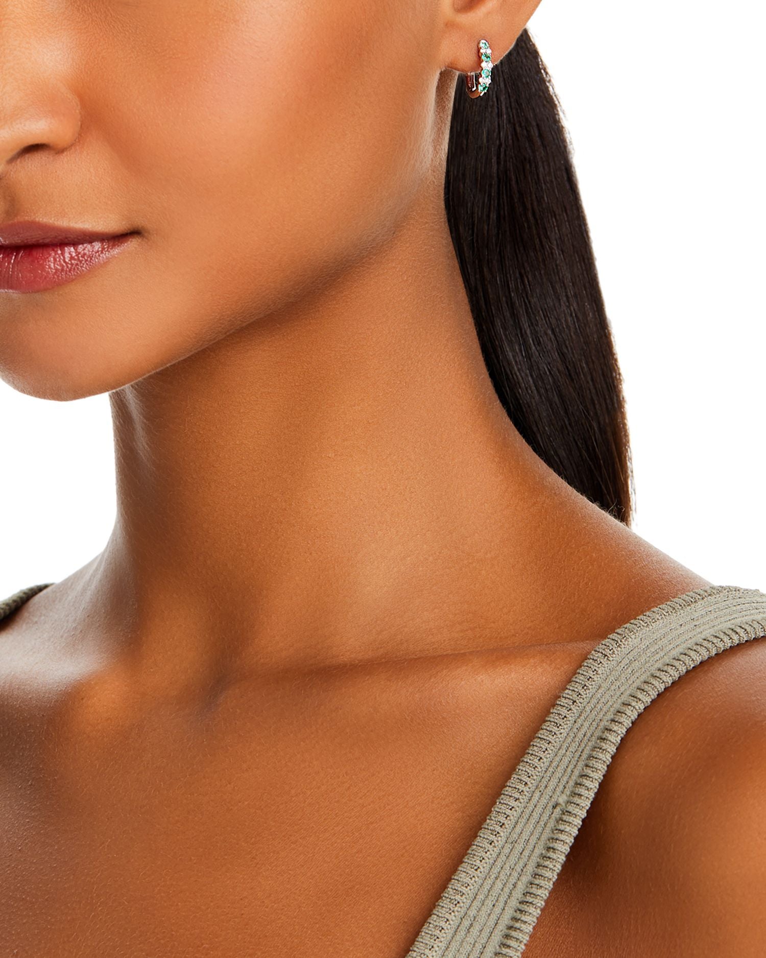 Emerald & Diamond Huggie Hoop Earrings in 14K White Gold