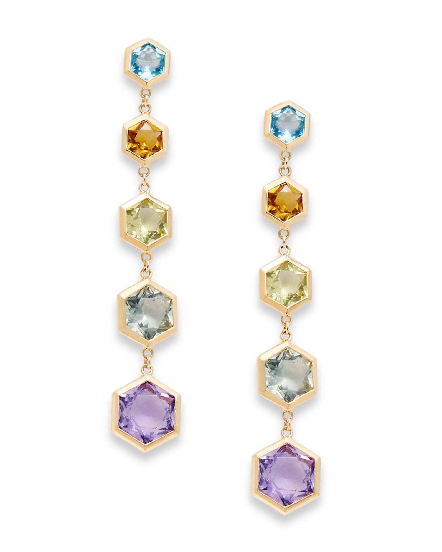 Multi Gemstone Hexagon Drop Earring in 14K Yellow Gold