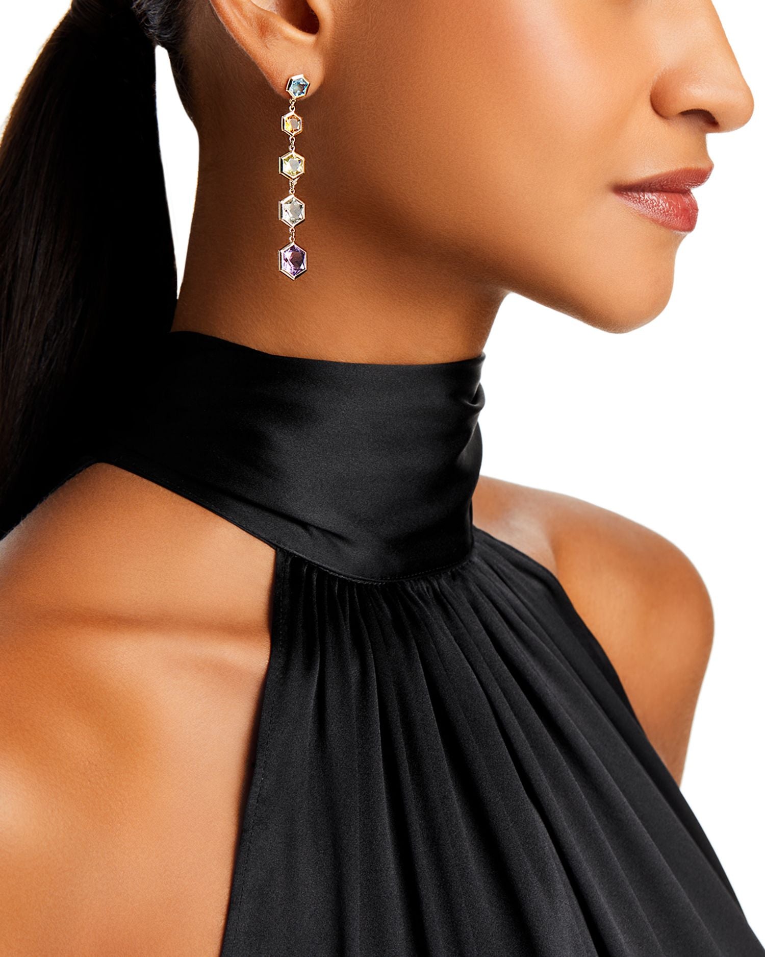 Multi Gemstone Hexagon Drop Earring in 14K Yellow Gold