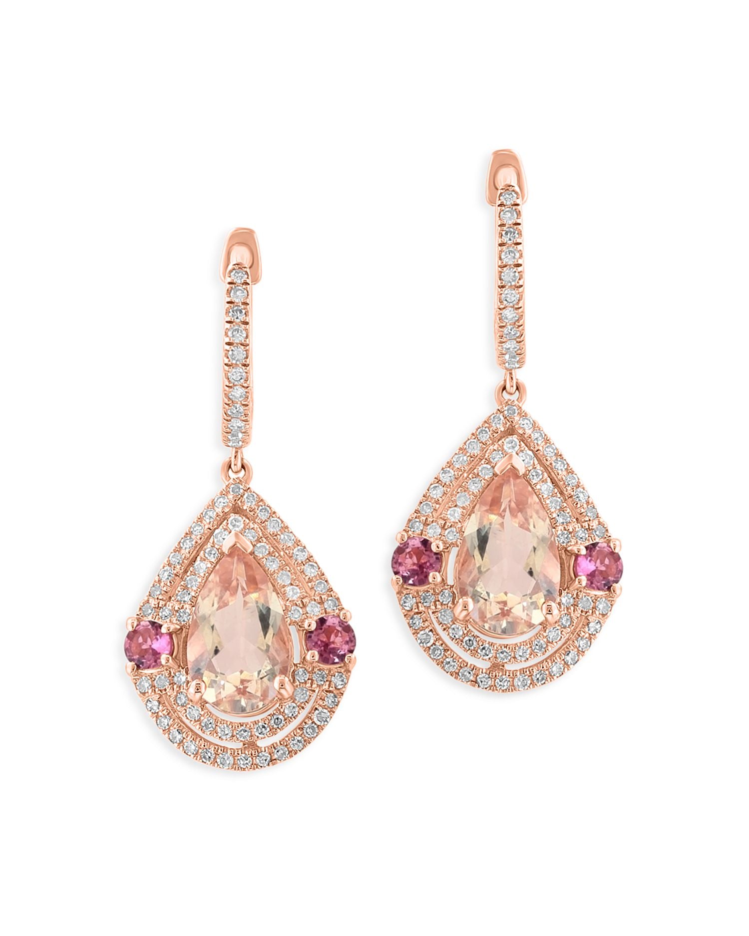 Pink Tourmaline, Morganite & Diamond Drop Earrings in 14K Rose Gold