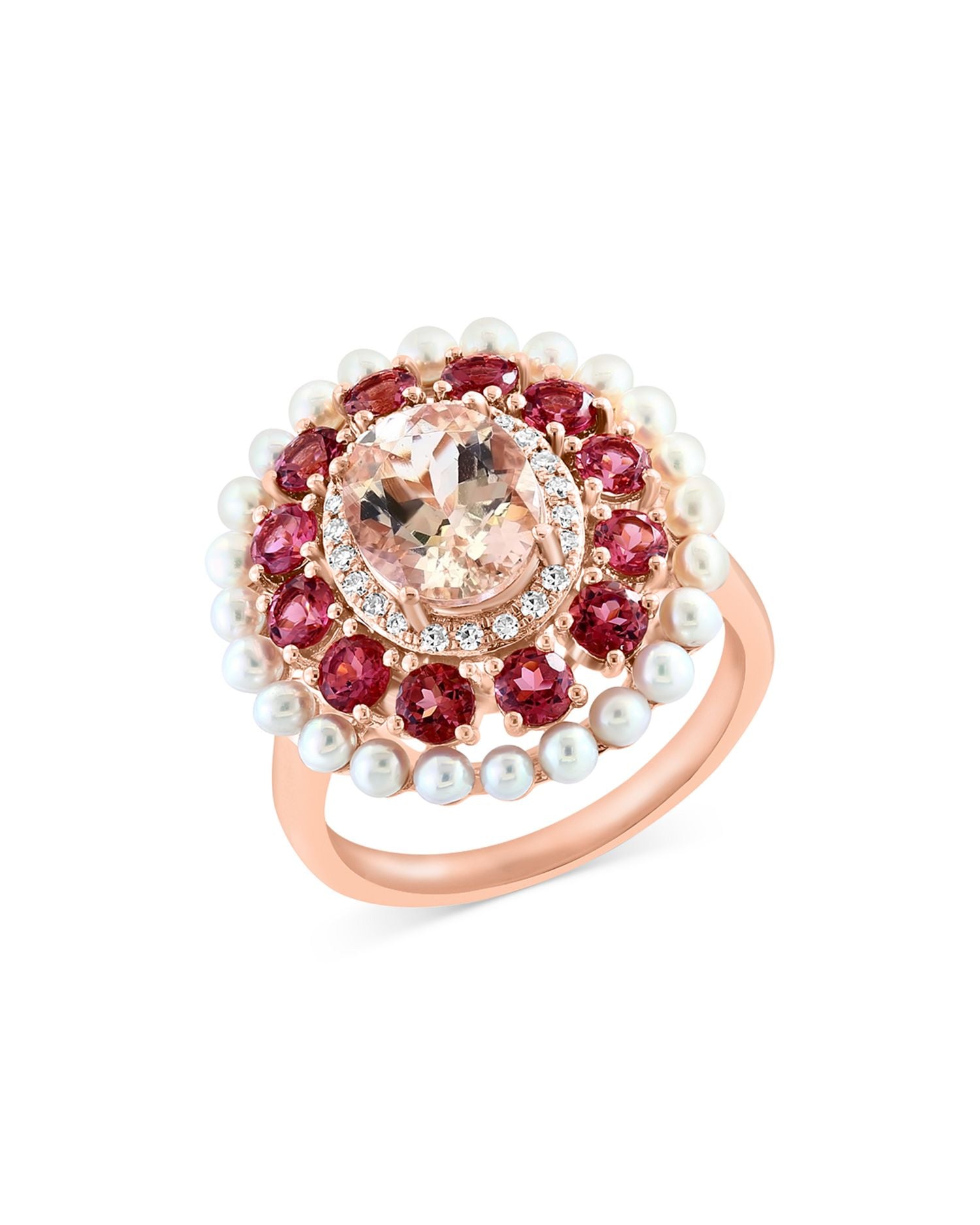 Cultured Freshwater Pearl, Pink Tourmaline, Morganite & Diamond Halo Ring in 14K Rose Gold