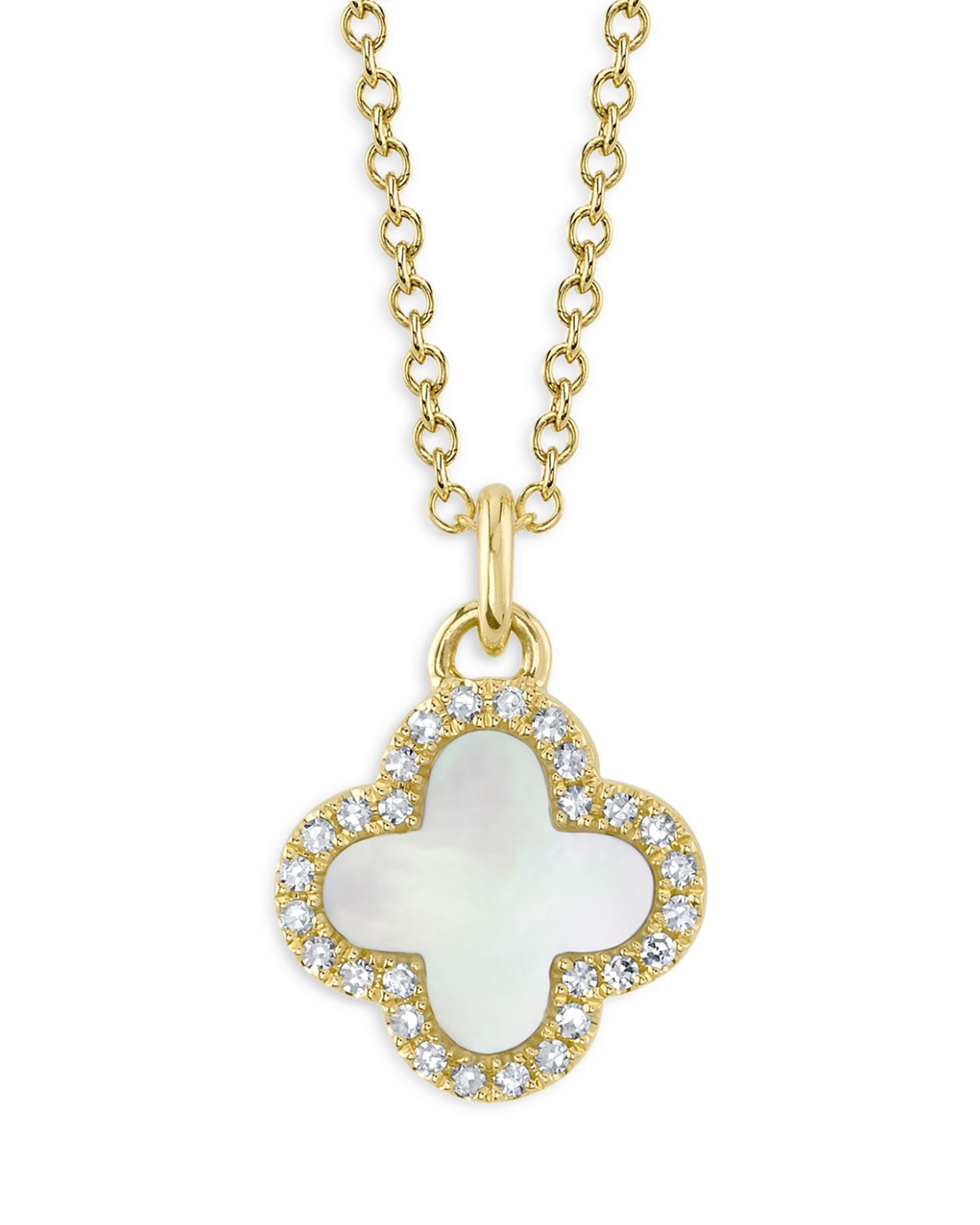 14K Yellow Gold Mother of Pearl & Diamond Clover Pendant Necklace, 17'-18'