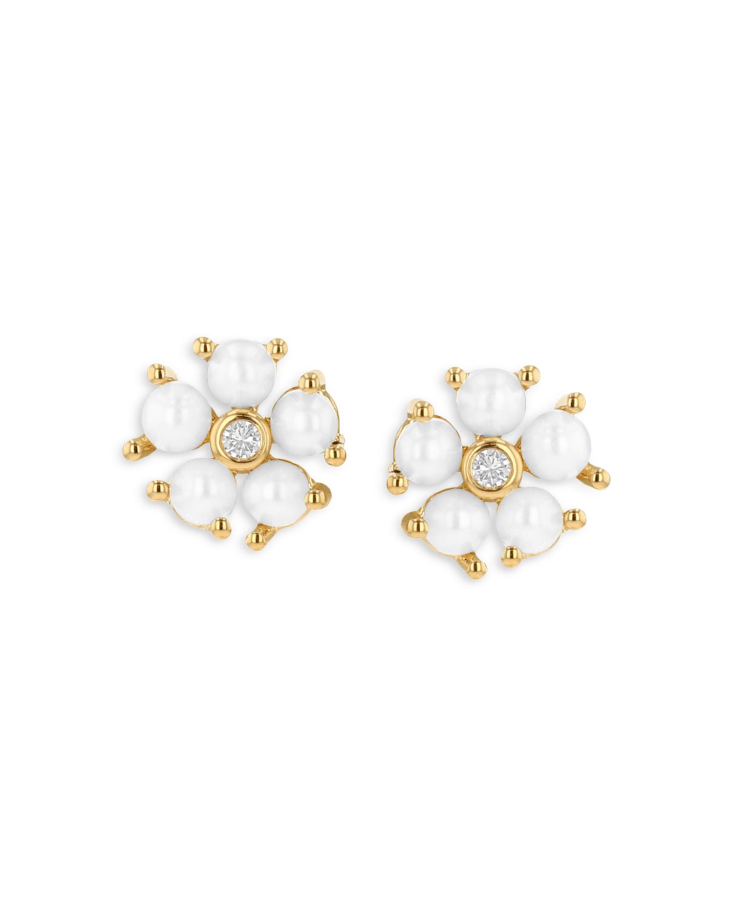 14K Yellow Gold Diamond & Pearl Flower Stud Earrings