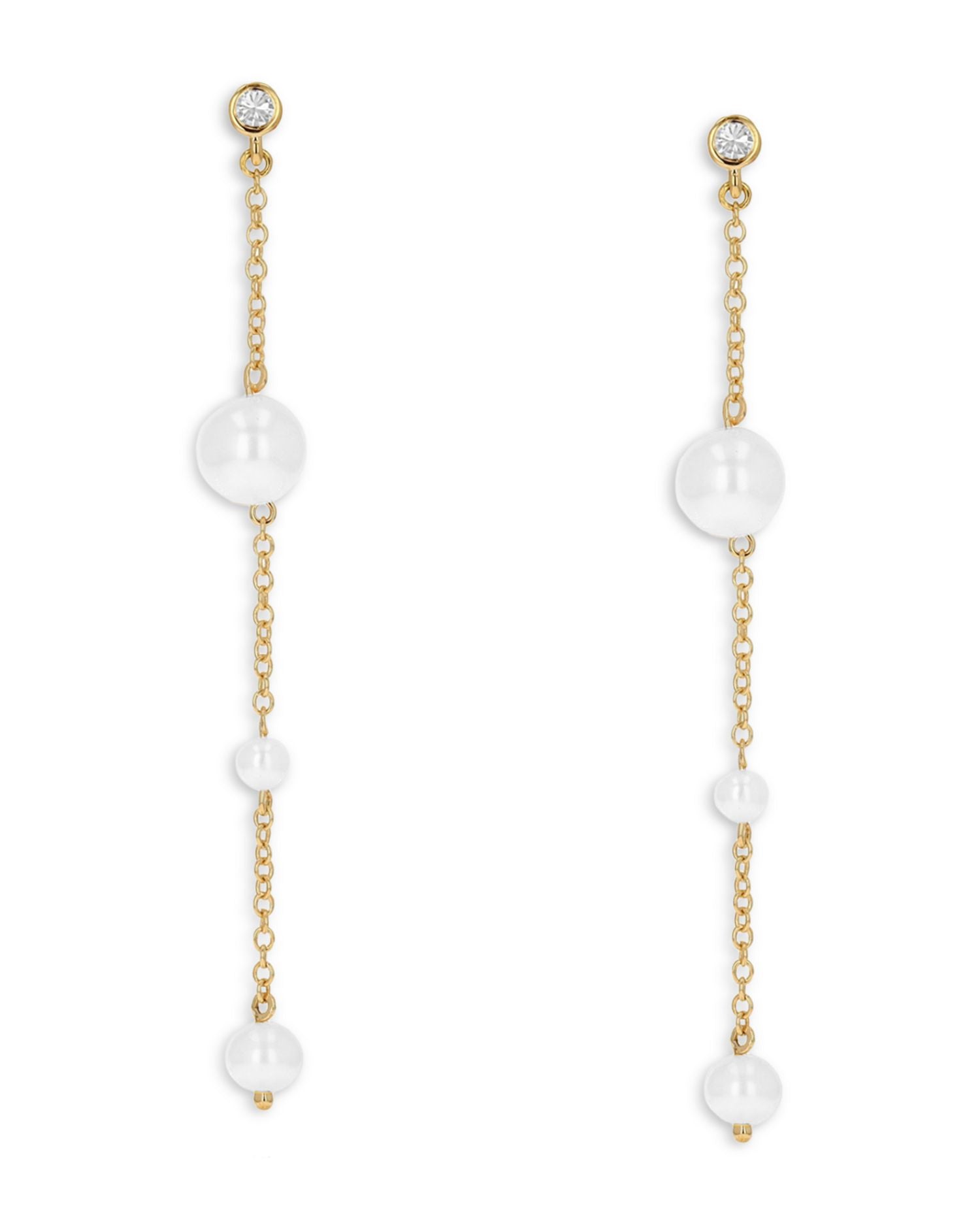 14K Yellow Gold Diamond & Pearl Linear Drop Earrings
