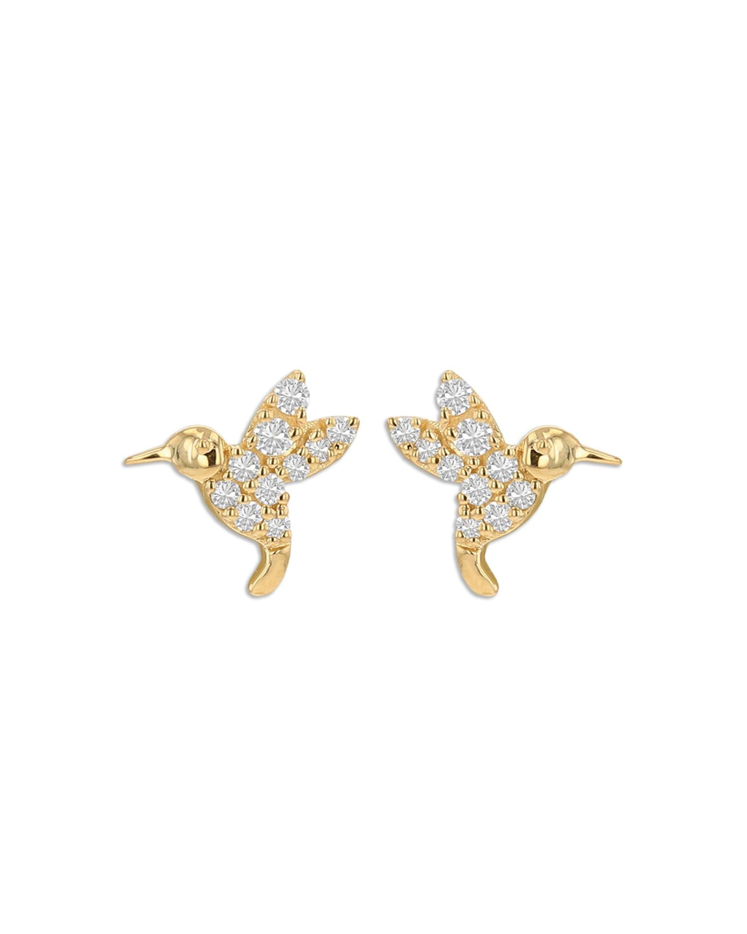 14K Yellow Gold Diamond Hummingbird Stud Earrings