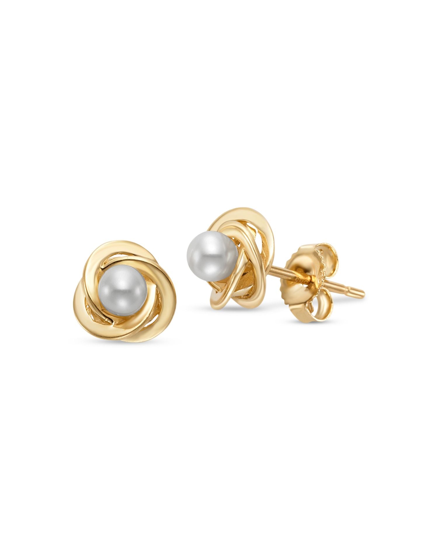 Cultured Freshwater Pearl Love Knot Stud Earrings in 14K Yellow Gold