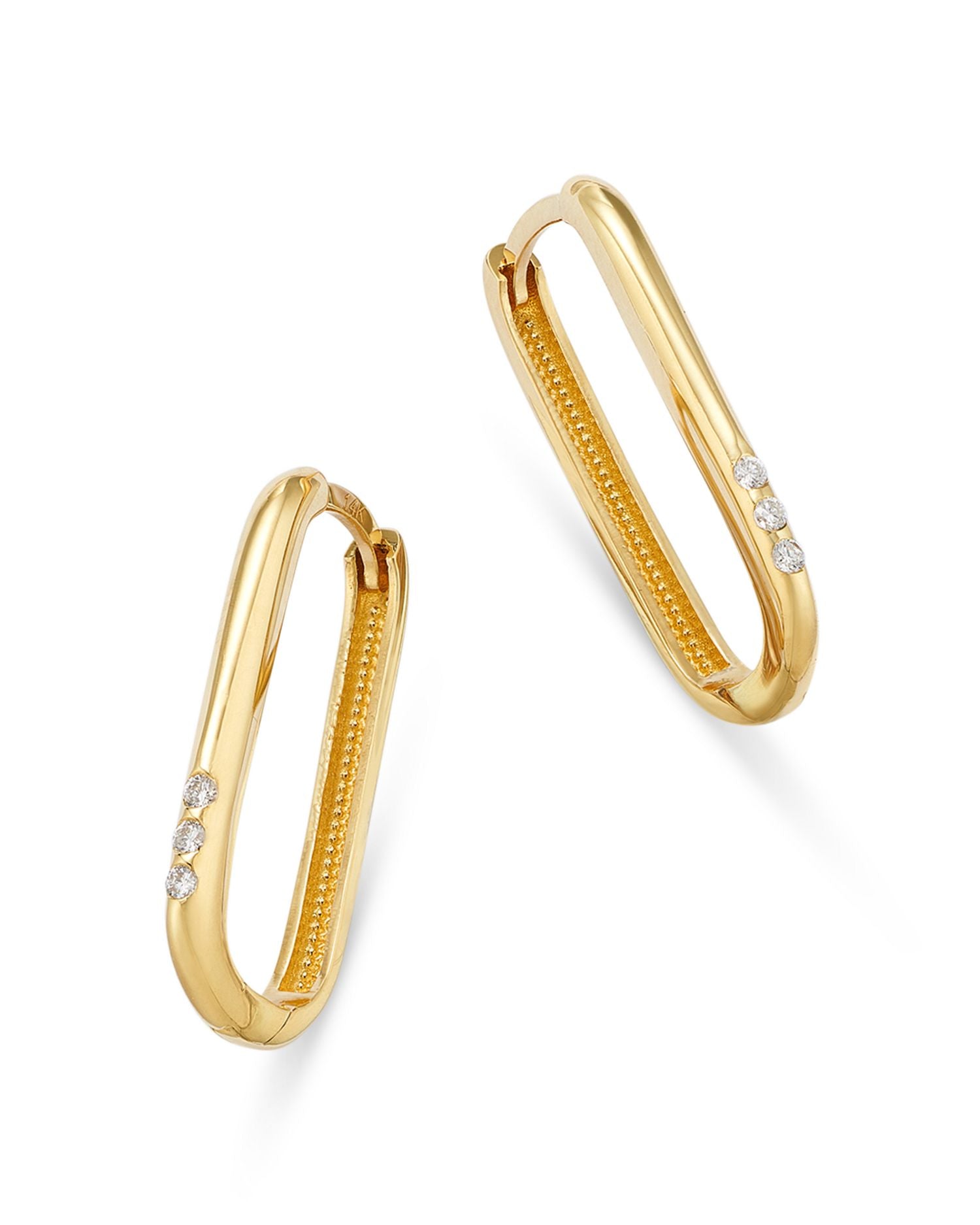 14K Yellow Gold Pavé & Bead Diamond Oval Huggie Hoop Earrings