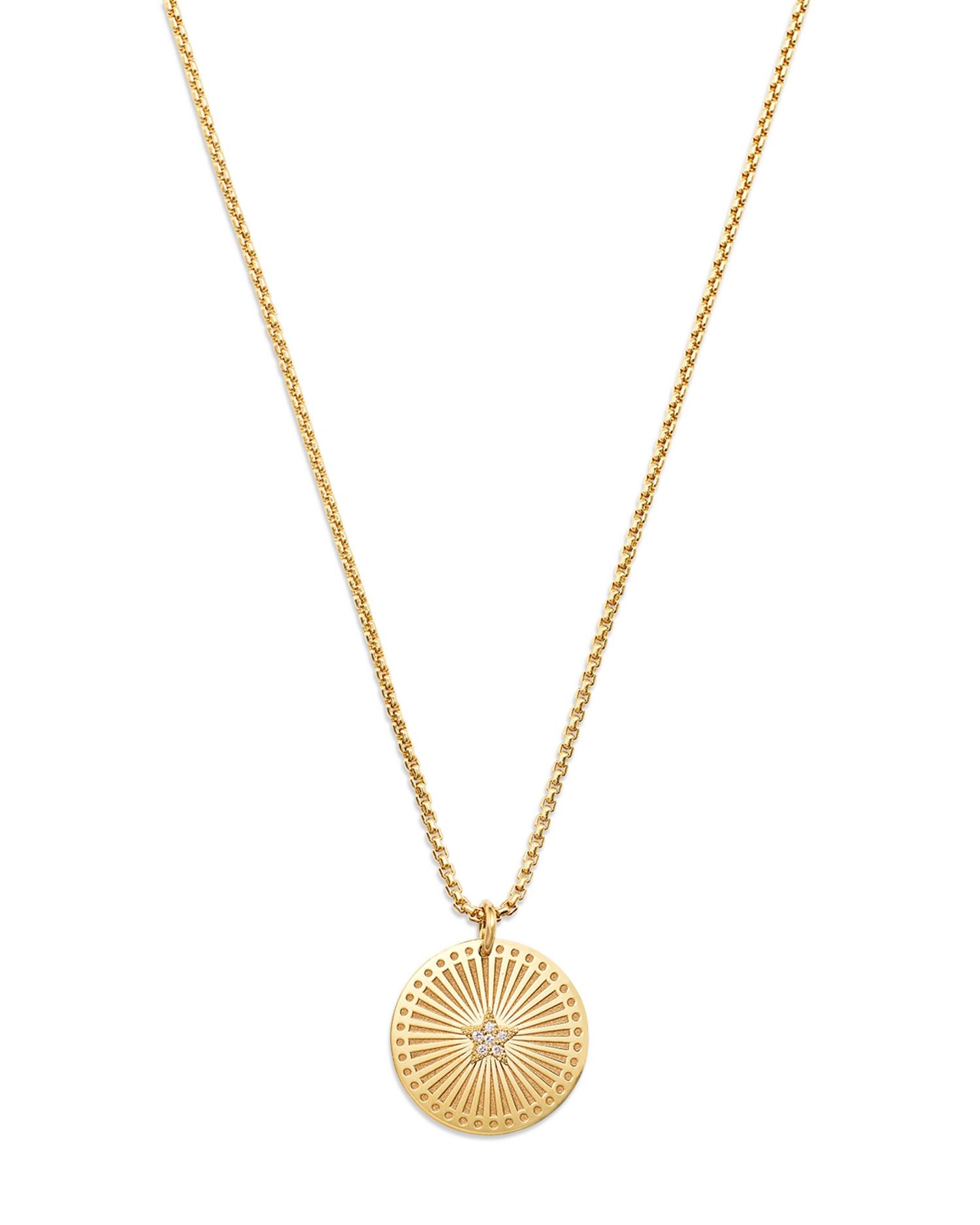 14K Yellow Gold Medallion Diamond Star Sunbeam Disc Pendant Necklace, 16-18'