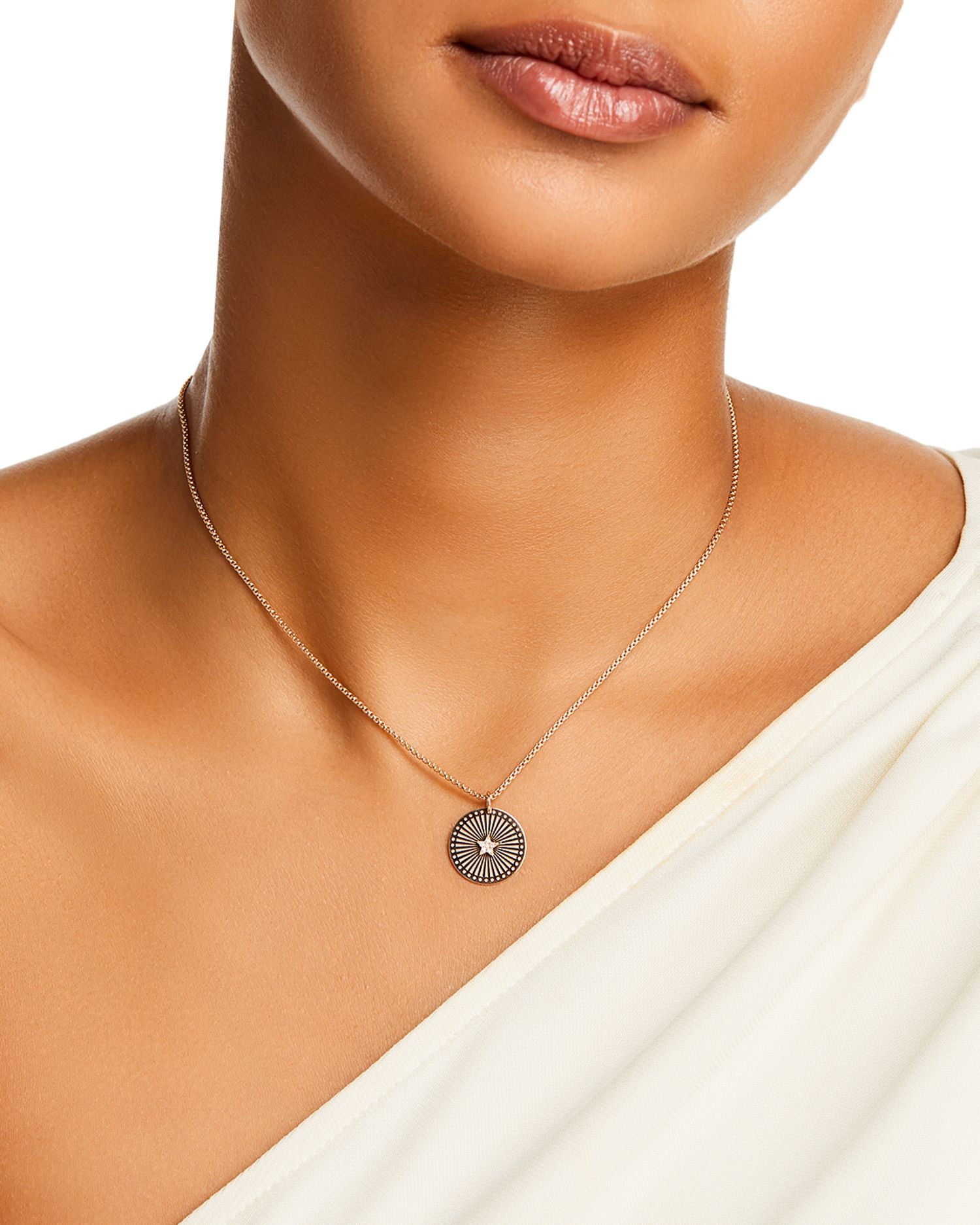 14K Yellow Gold Medallion Diamond Star Sunbeam Disc Pendant Necklace, 16-18'