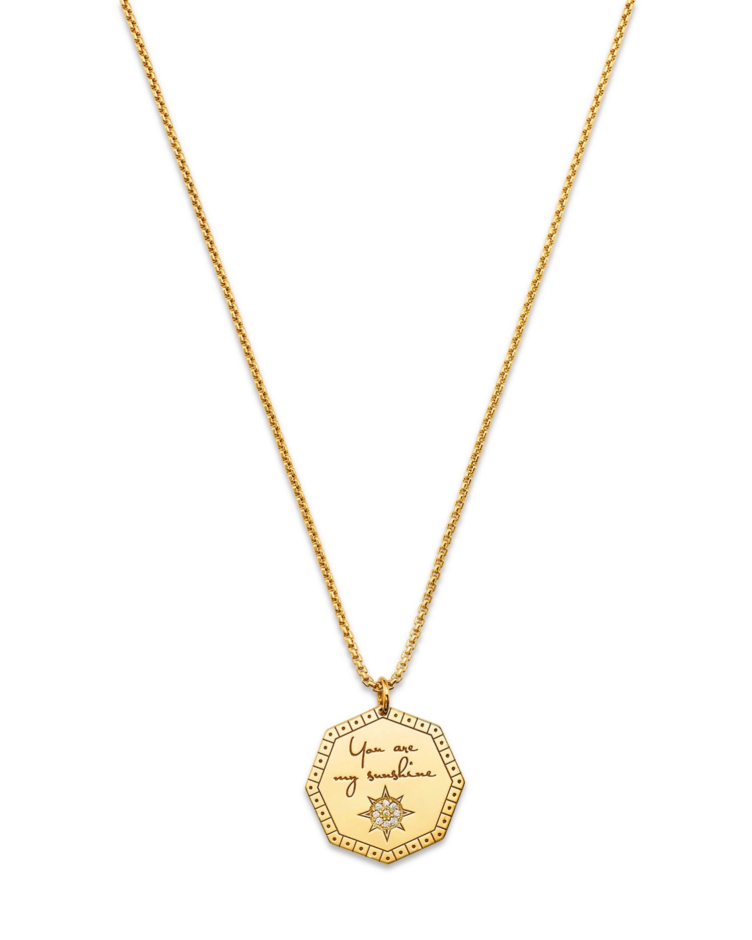 14K Yellow Gold Mantra Diamond You are My Sunshine Medallion Pendant Necklace, 16-18'