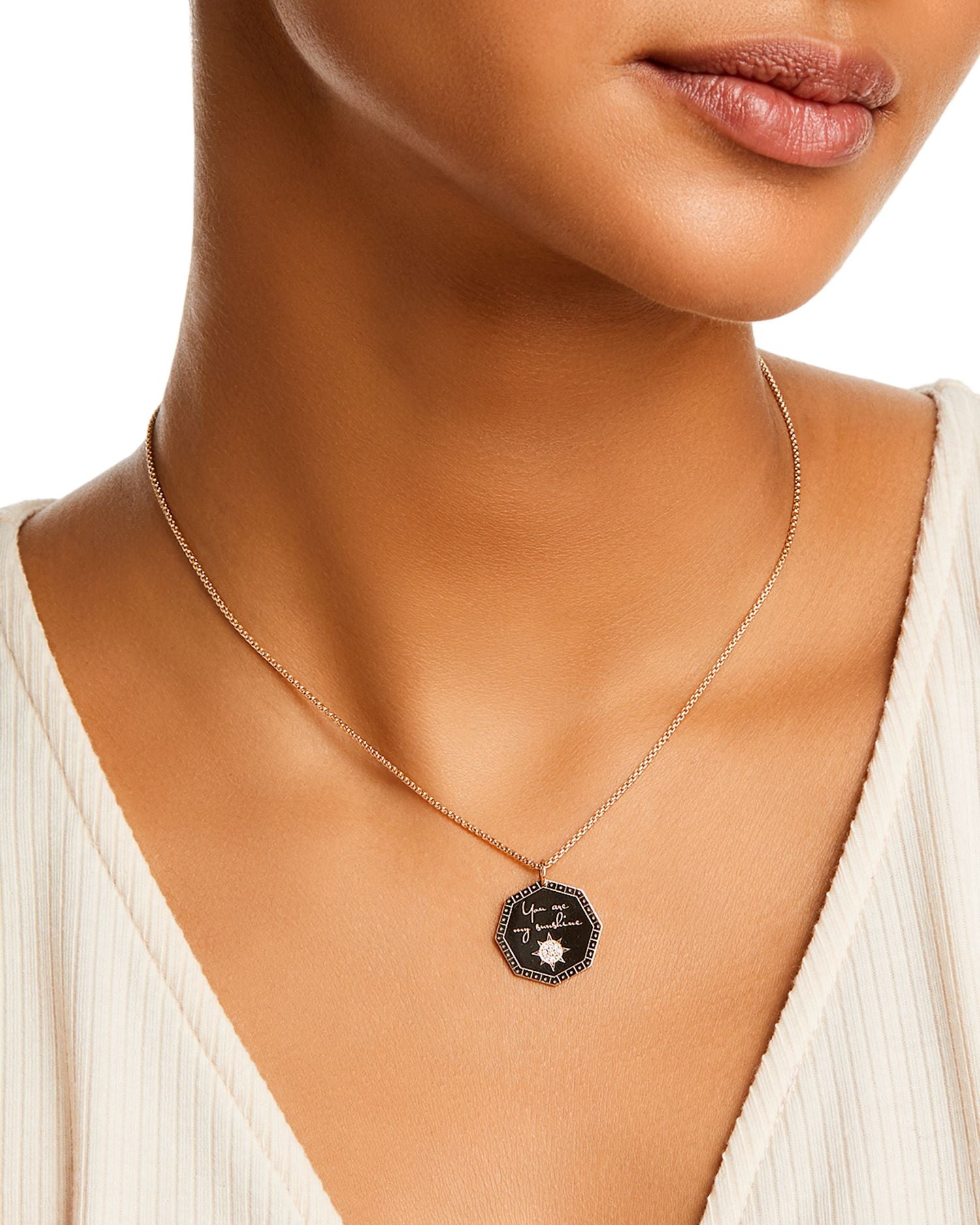 14K Yellow Gold Mantra Diamond You are My Sunshine Medallion Pendant Necklace, 16-18'