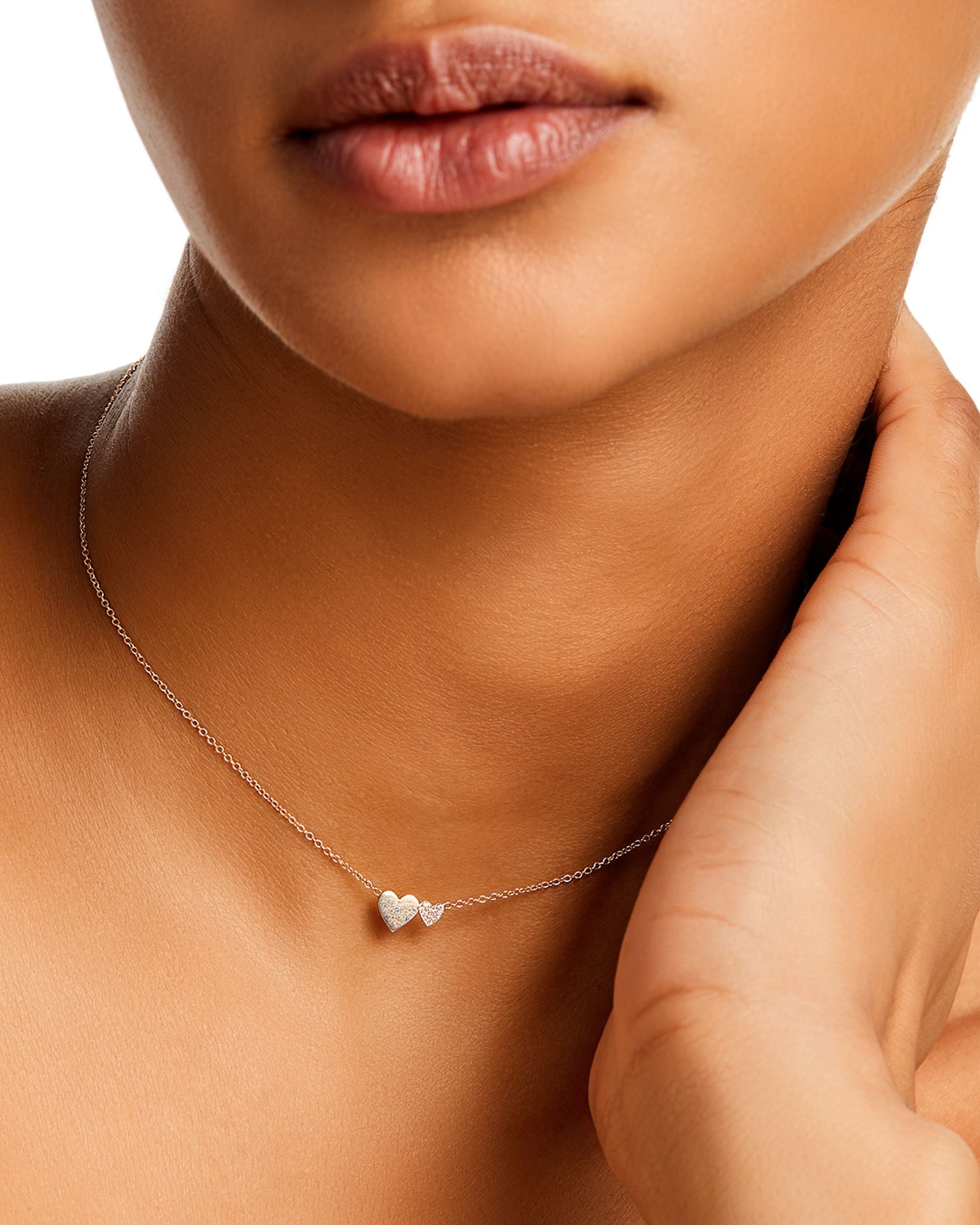 14K Yellow Gold Midi Bitty Symbols Diamond & Polished Double Heart Pendant Necklace, 14-16'