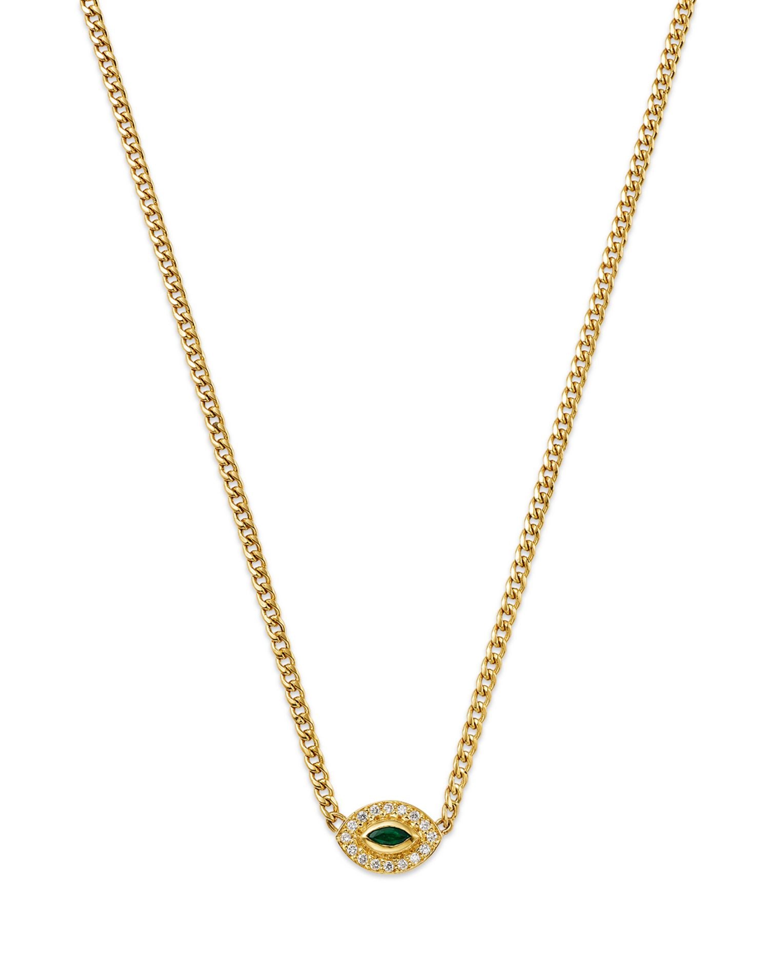 14K Yellow Gold Emerald & Diamond Evil Eye Pendant Necklace, 14-16'