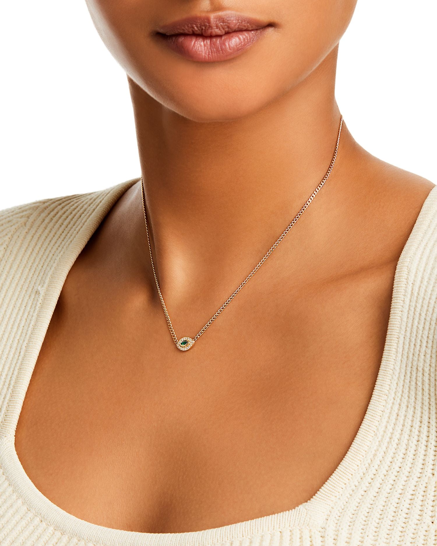 14K Yellow Gold Emerald & Diamond Evil Eye Pendant Necklace, 14-16'