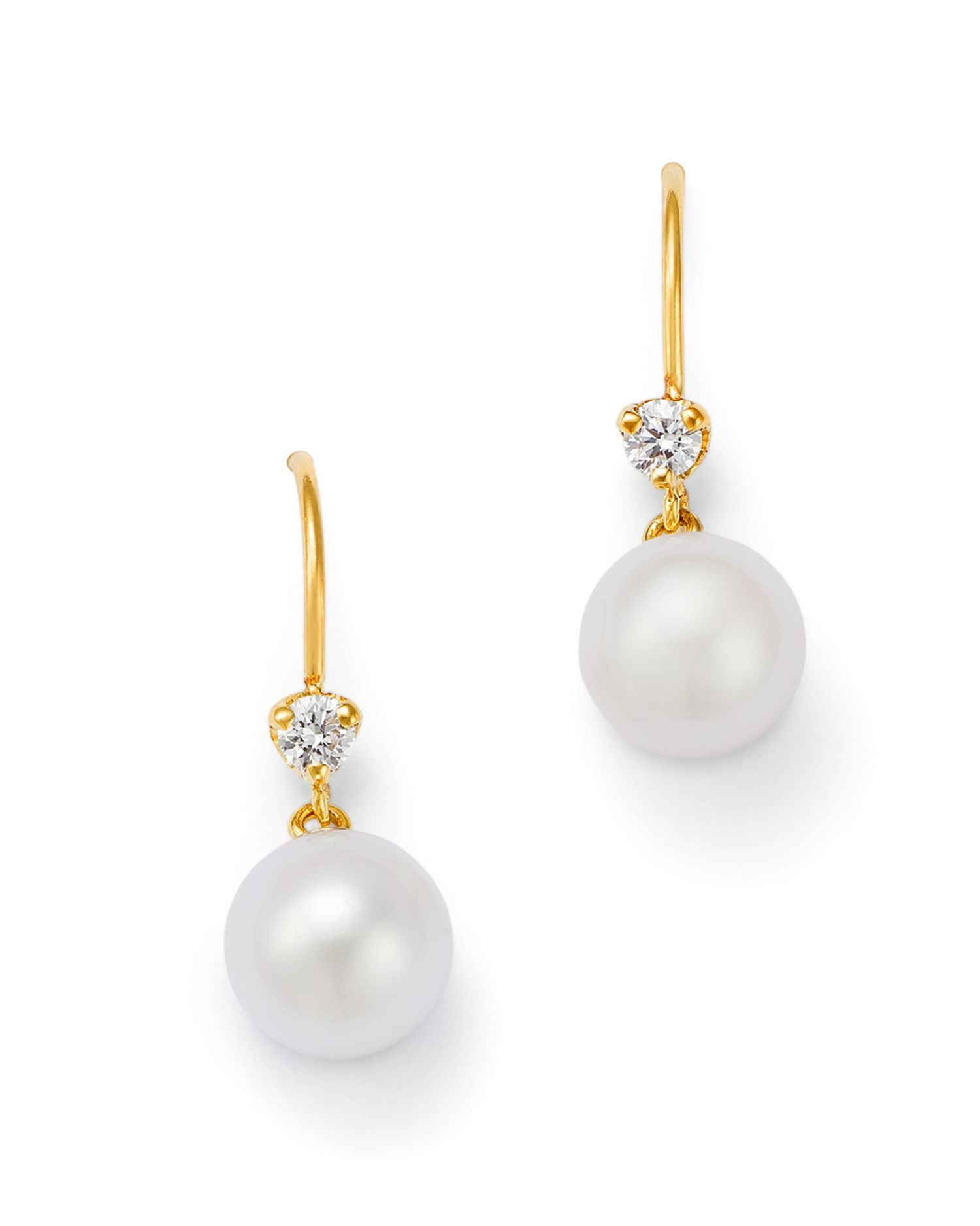 14K Yellow Gold White Pearls Cultured Freshwater Pearl & Diamond Drop Earrings