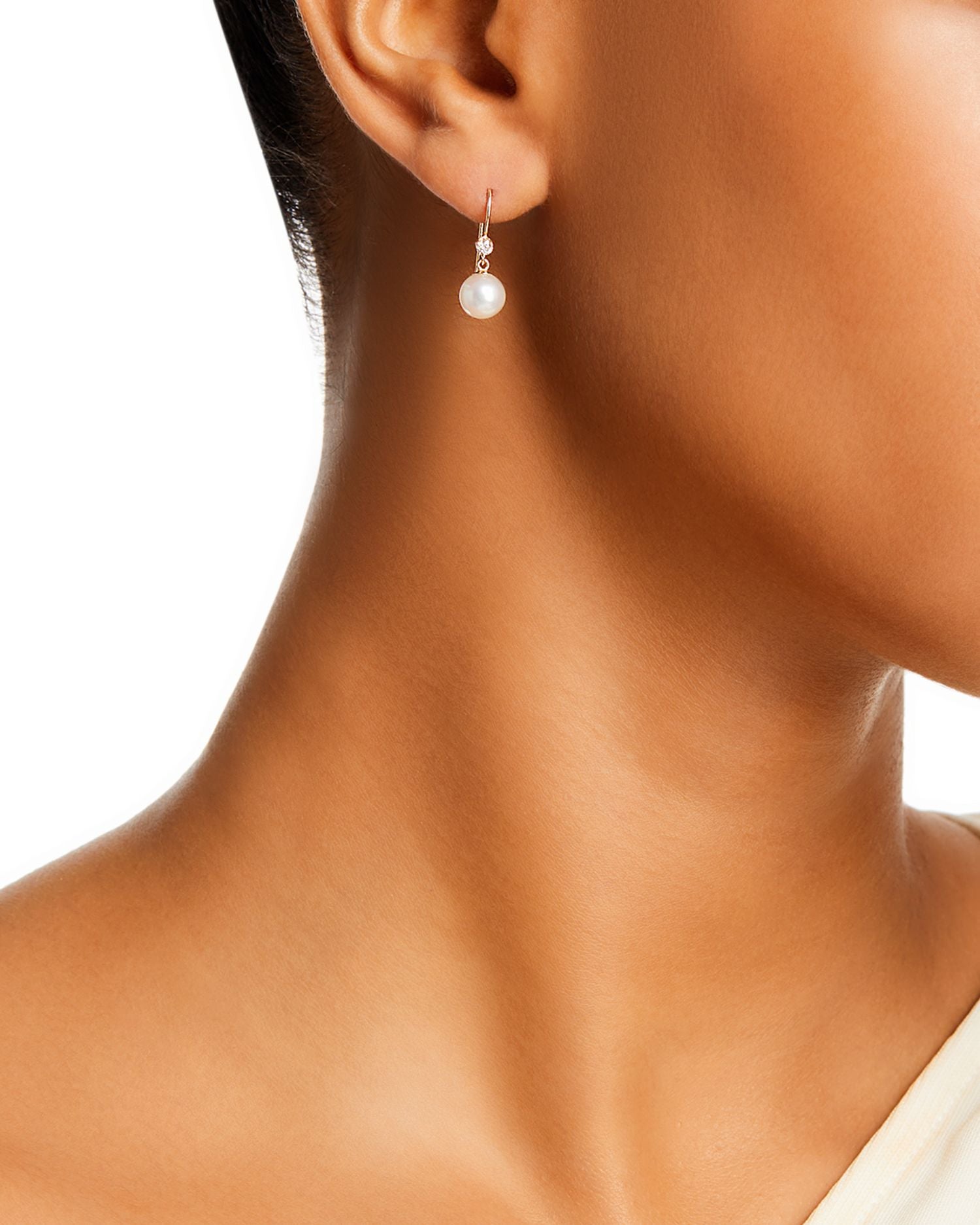 14K Yellow Gold White Pearls Cultured Freshwater Pearl & Diamond Drop Earrings