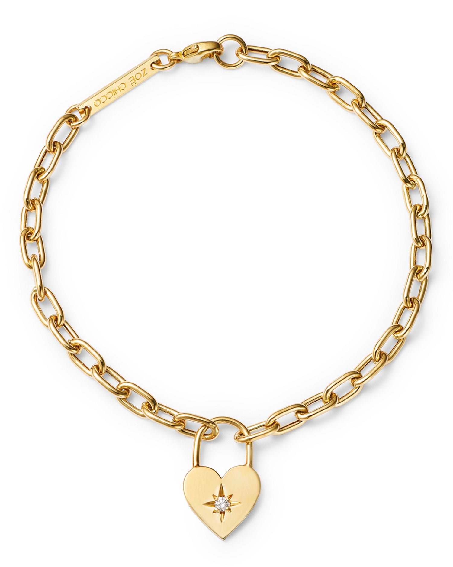 14K Yellow Gold Lockets, Padlocks & Dog Tags Diamond Heart Charm Link Bracelet