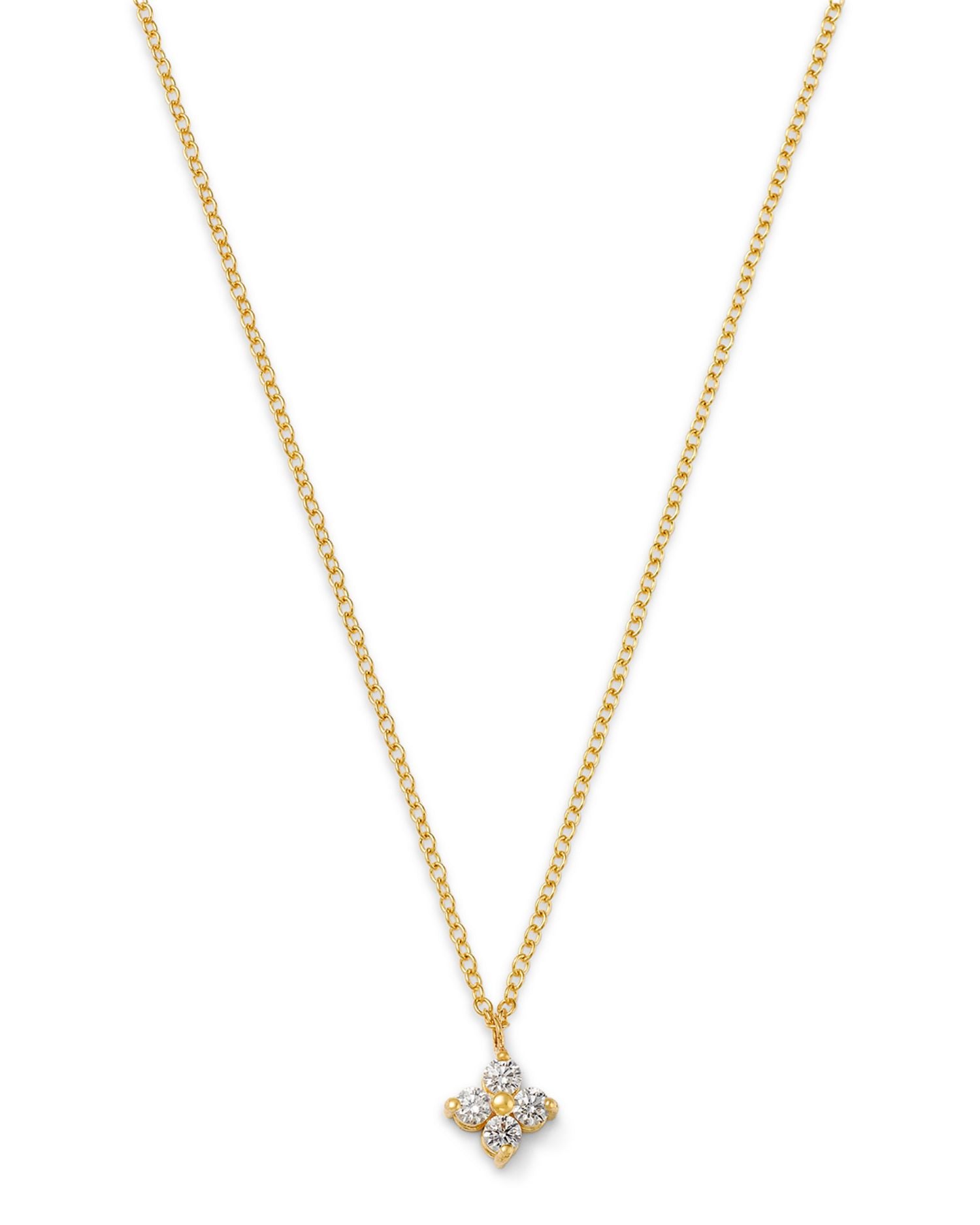 14K Yellow Gold Prong Diamonds Diamond Flower Pendant Necklace, 14-16'