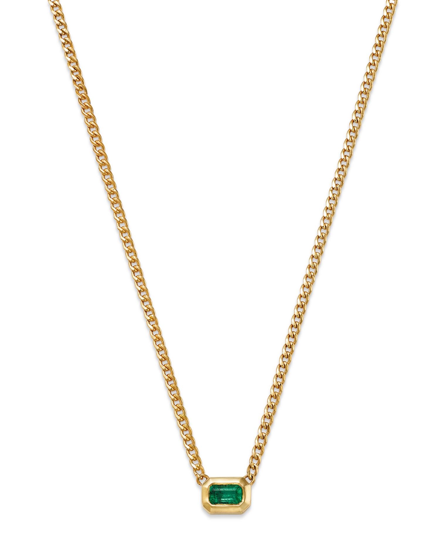 14K Yellow Gold Emerald Gemstones Bezel Pendant Necklace, 14-16'