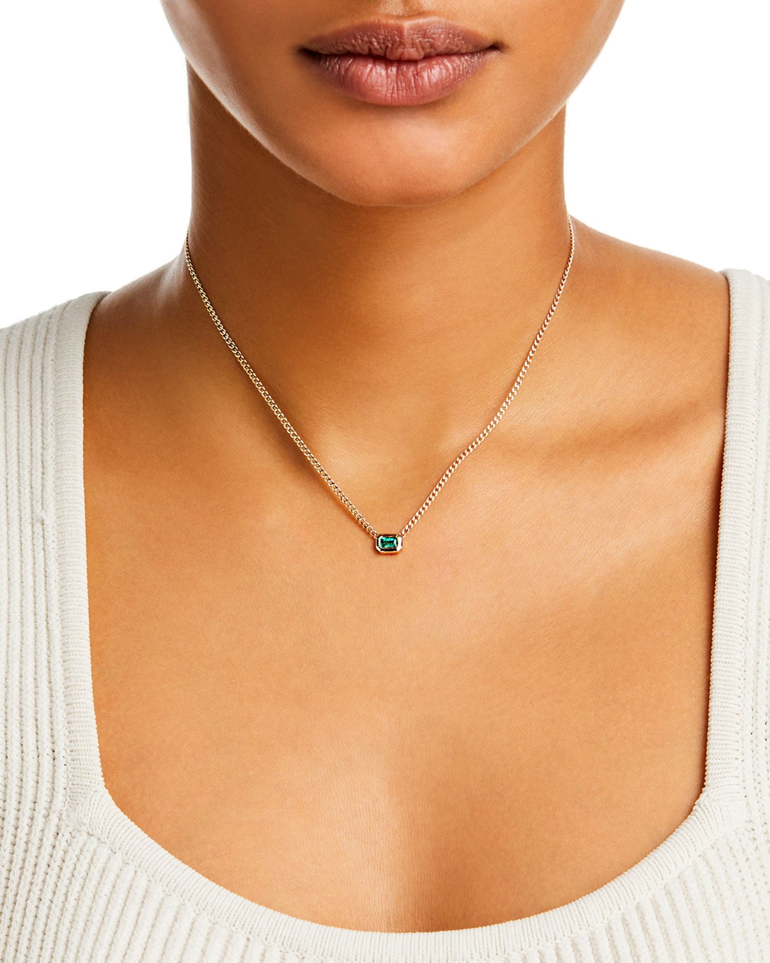 14K Yellow Gold Emerald Gemstones Bezel Pendant Necklace, 14-16'